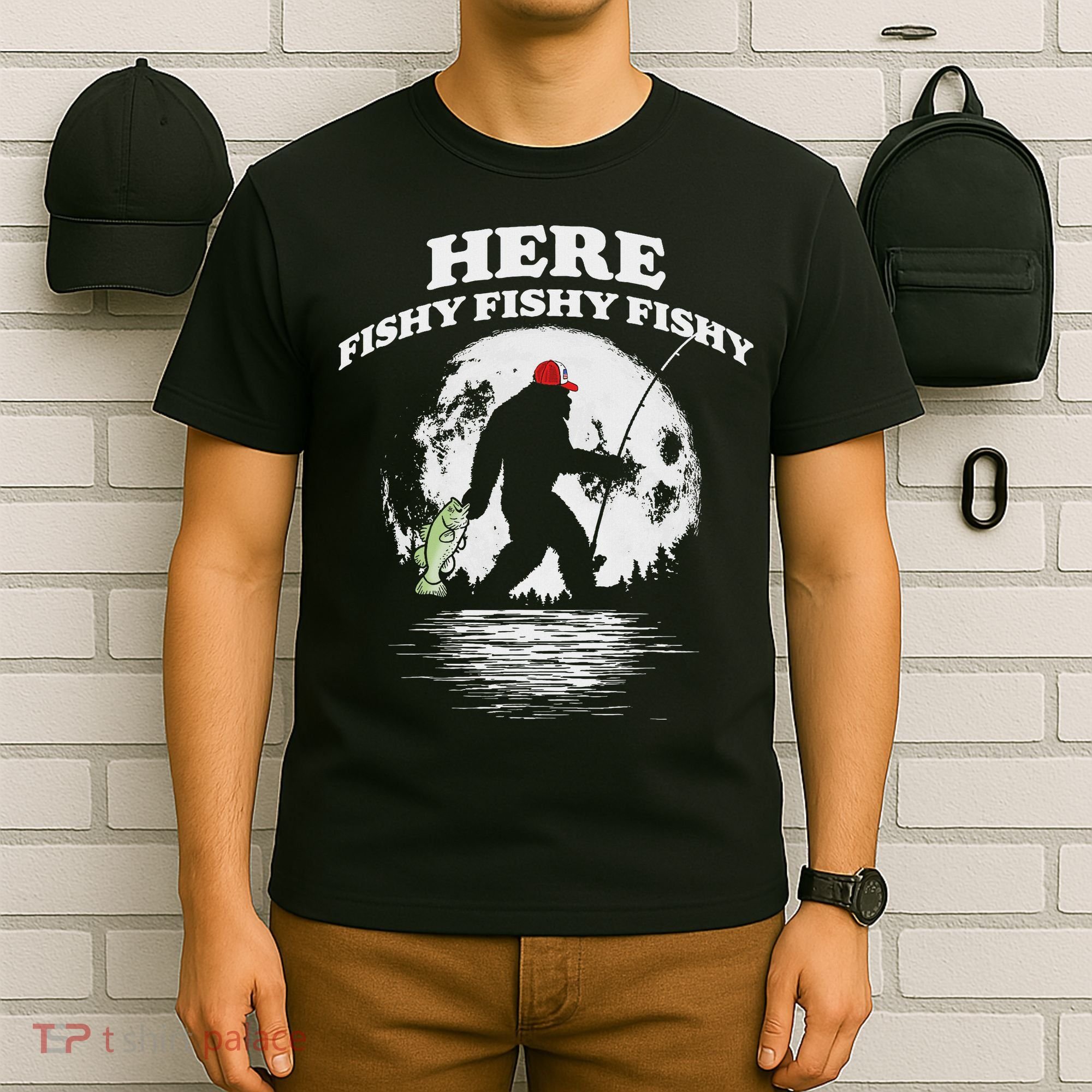 Bigfoot Bass Night Fishing! Here Fishy Bassquatch Sasquatch T-Shirt