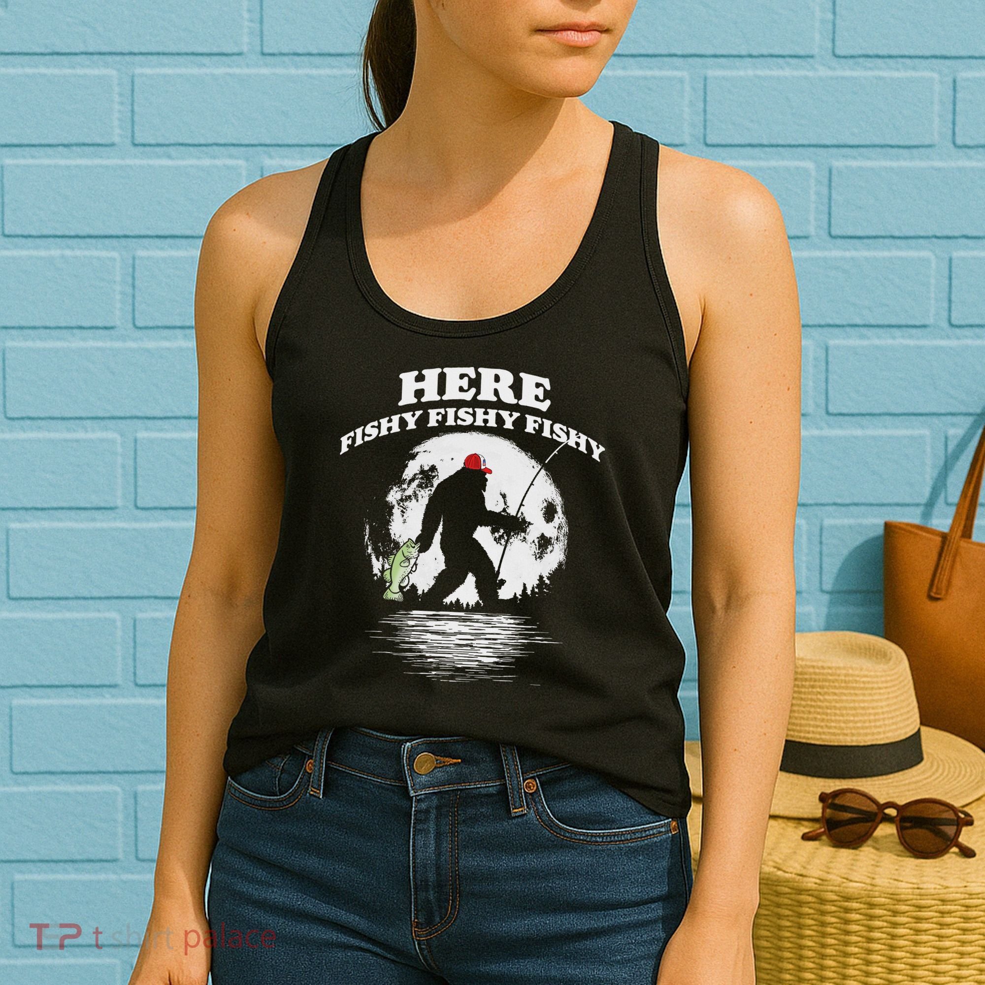 Bigfoot Bass Night Fishing! Here Fishy Bassquatch Sasquatch Women's Tank Top