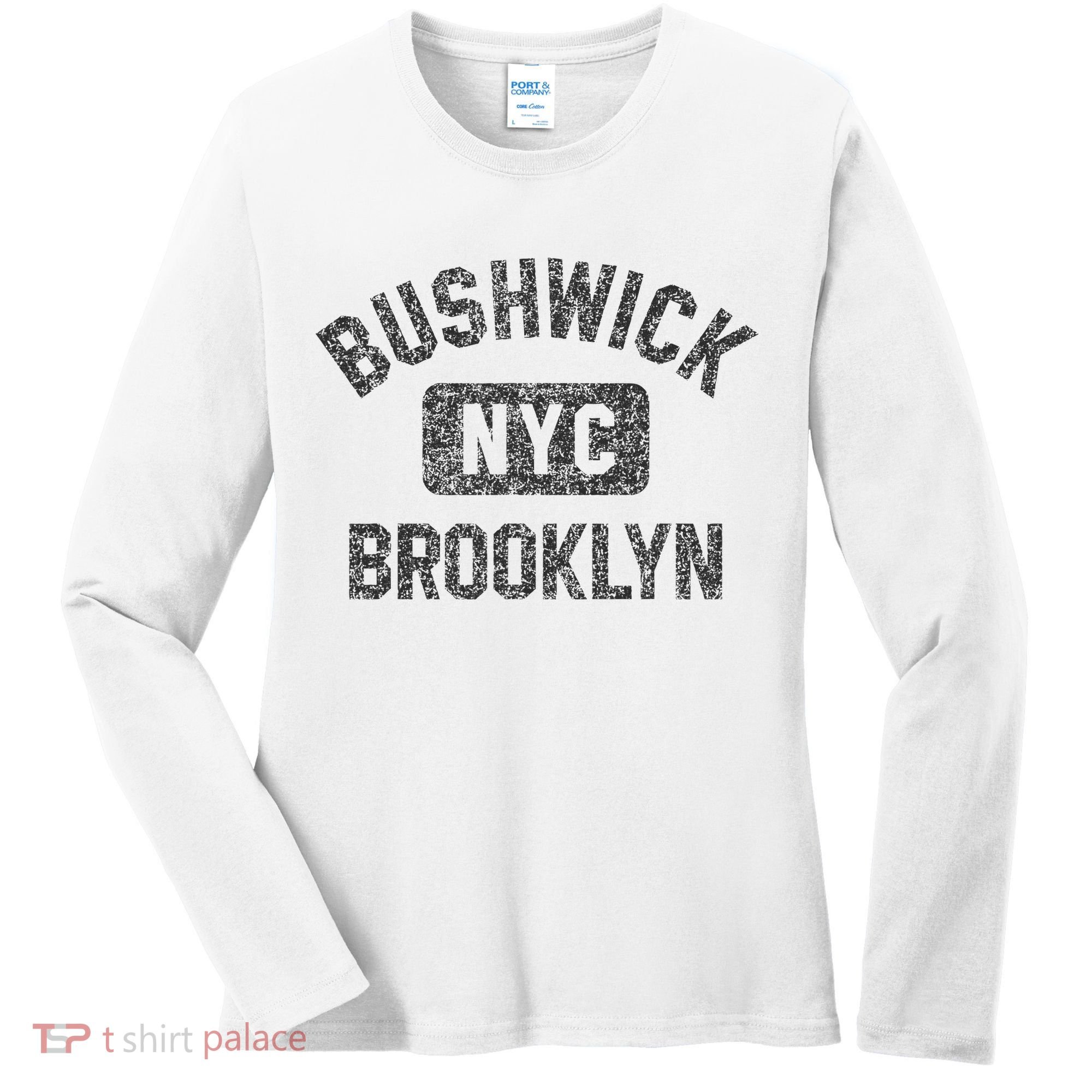 Bushwick Brooklyn Nyc Gym Style Black W Distress Black Print Women's Long Sleeve Shirt