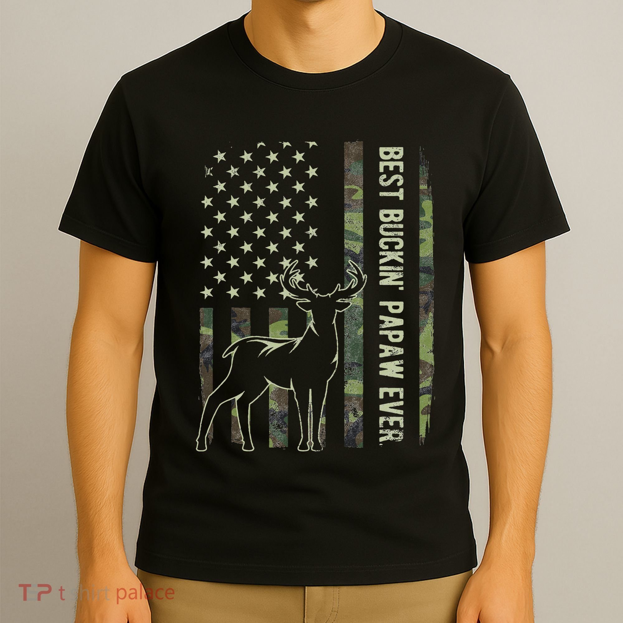 Best Buckin Papaw Camo American Flag Deer Hunting Gift T-Shirt