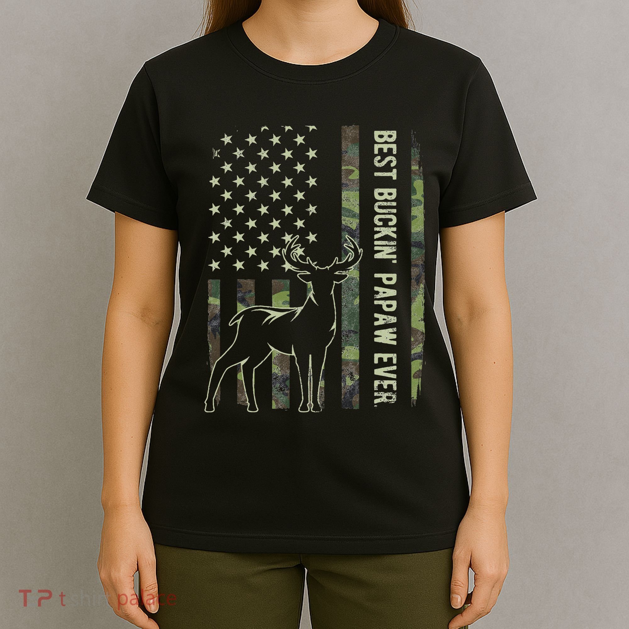 Best Buckin Papaw Camo American Flag Deer Hunting Gift T-Shirt