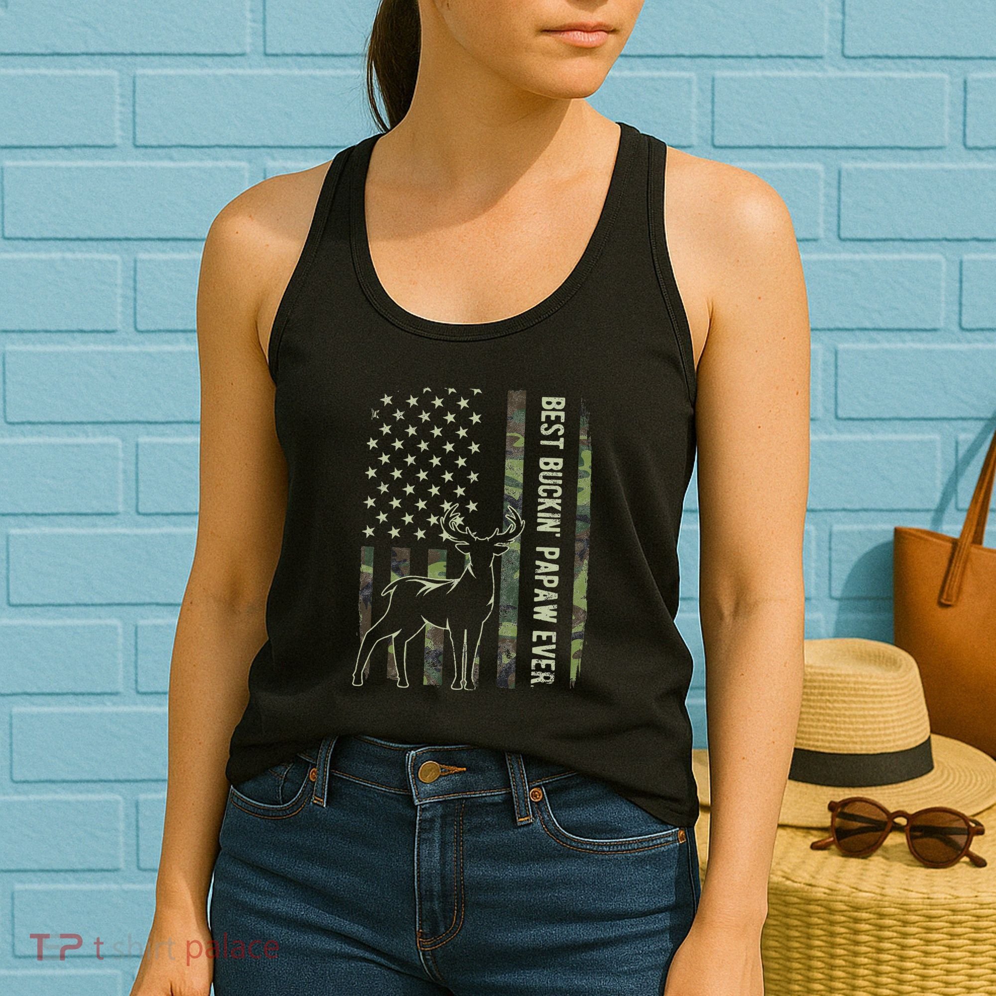 Best Buckin Papaw Camo American Flag Deer Hunting Gift Women's Tank Top