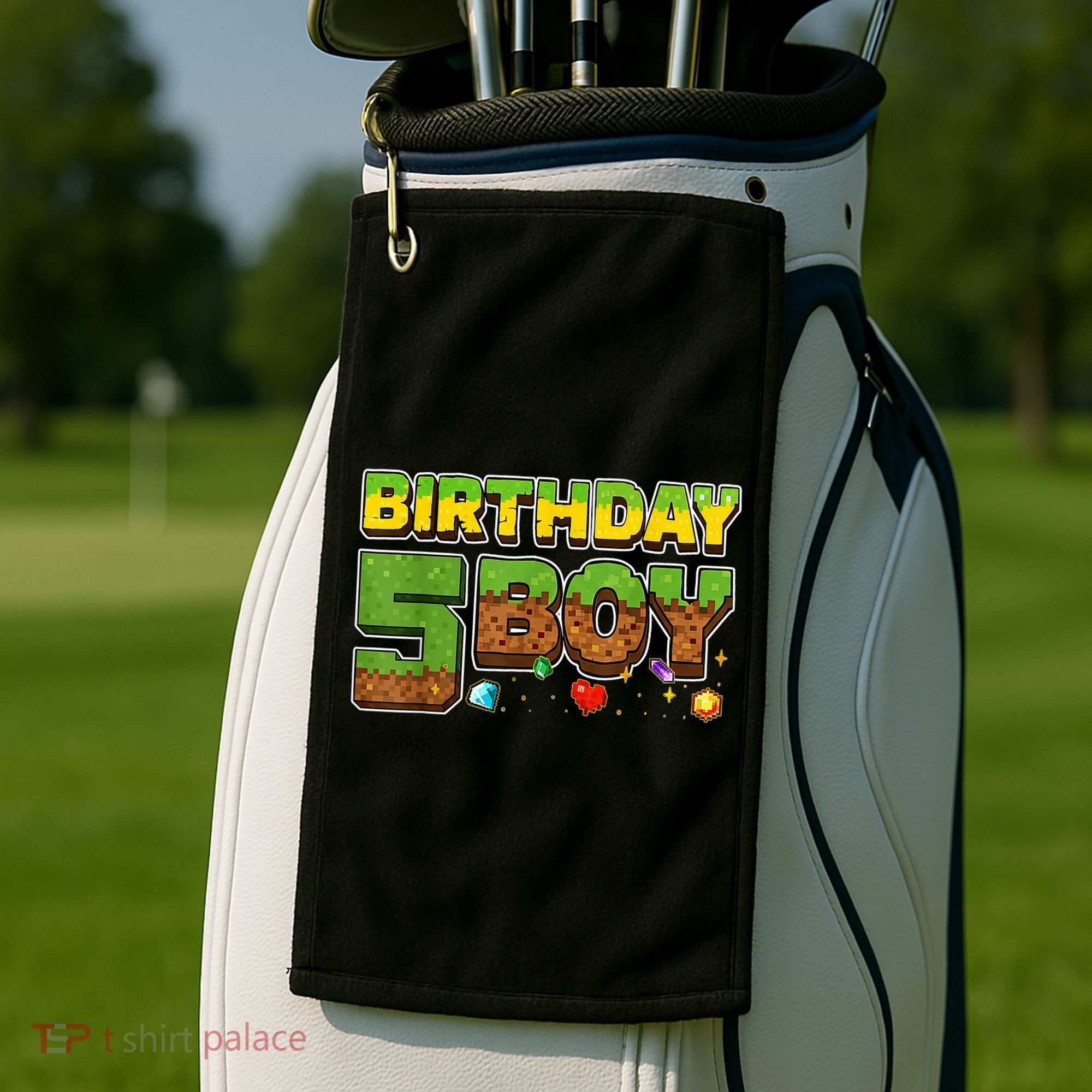 Birthday Boy Pixel 5th Birthday 5 Year Old Golf Towel