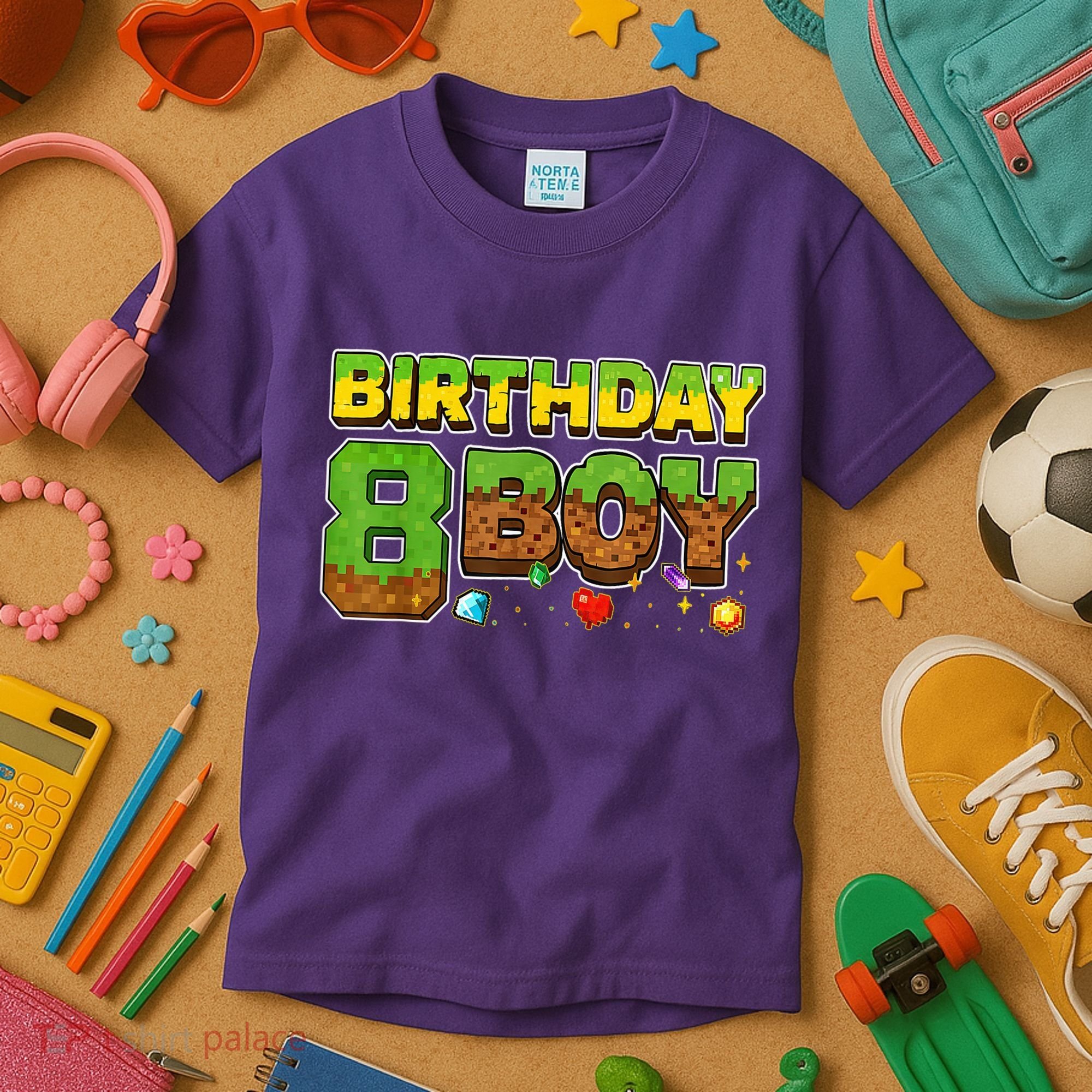 Birthday Boy Pixel 8th Birthday 8 Year Old Kids T-Shirt