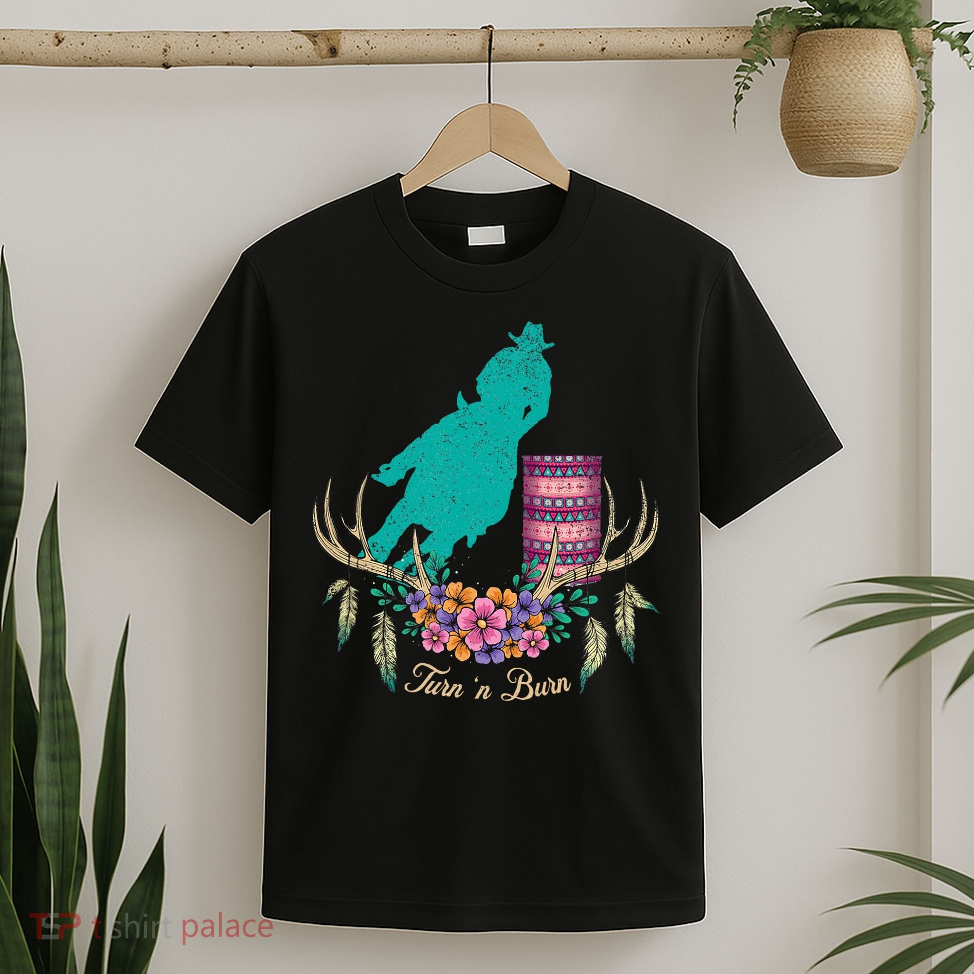 Boho Barrel Racer Turn And Burn Barrel Racing Rodeo Cowgirl T-Shirt