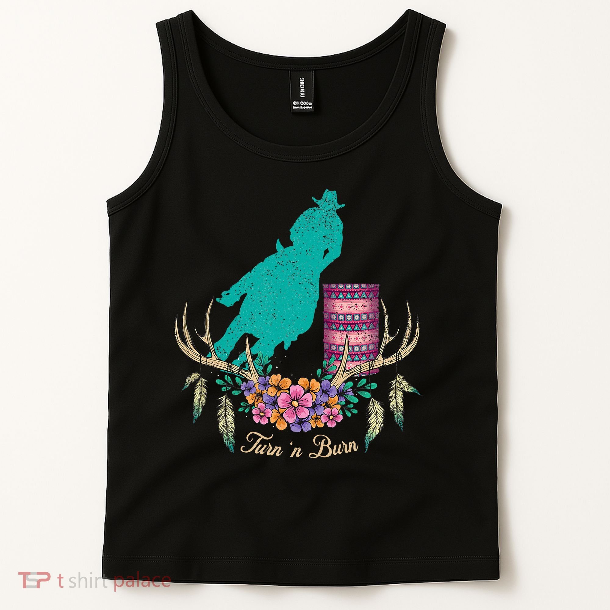 Boho Barrel Racer Turn And Burn Barrel Racing Rodeo Cowgirl Tank Top