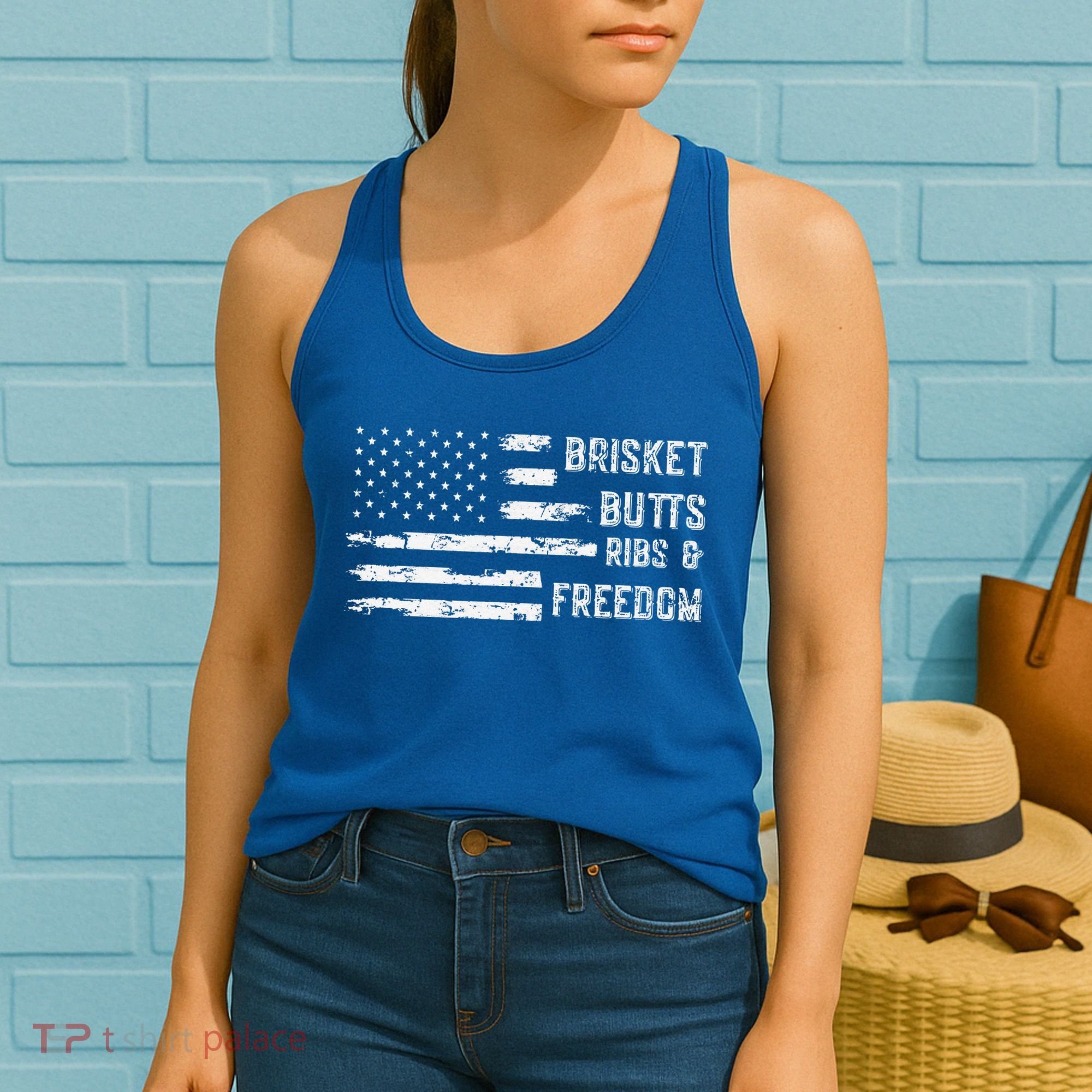 Brisket Butts Ribs And Freedom BBQ American Flag Women's Tank Top