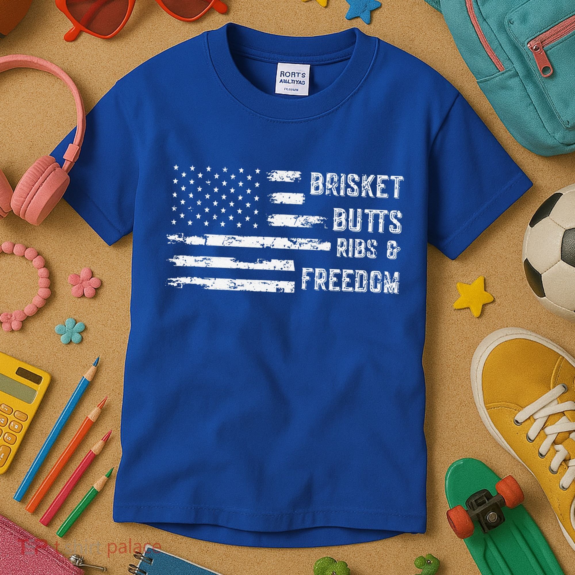 Brisket Butts Ribs And Freedom BBQ American Flag Kids T-Shirt