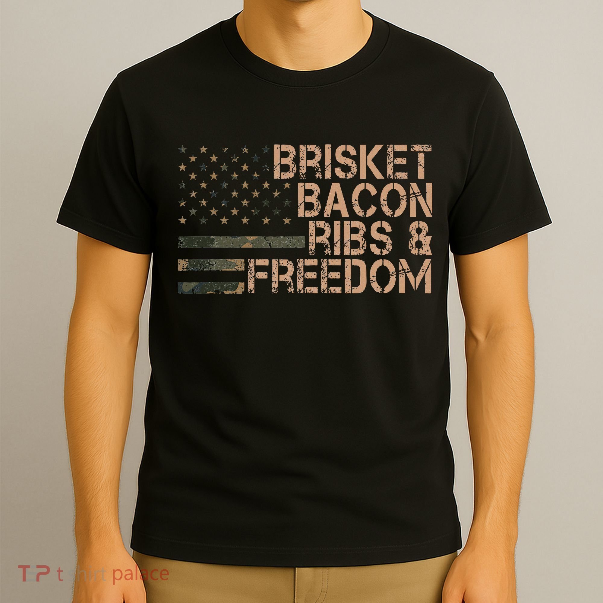 Brisket Bacon Ribs & Freedom Grill Bbq Funny Meat Smoking T-Shirt