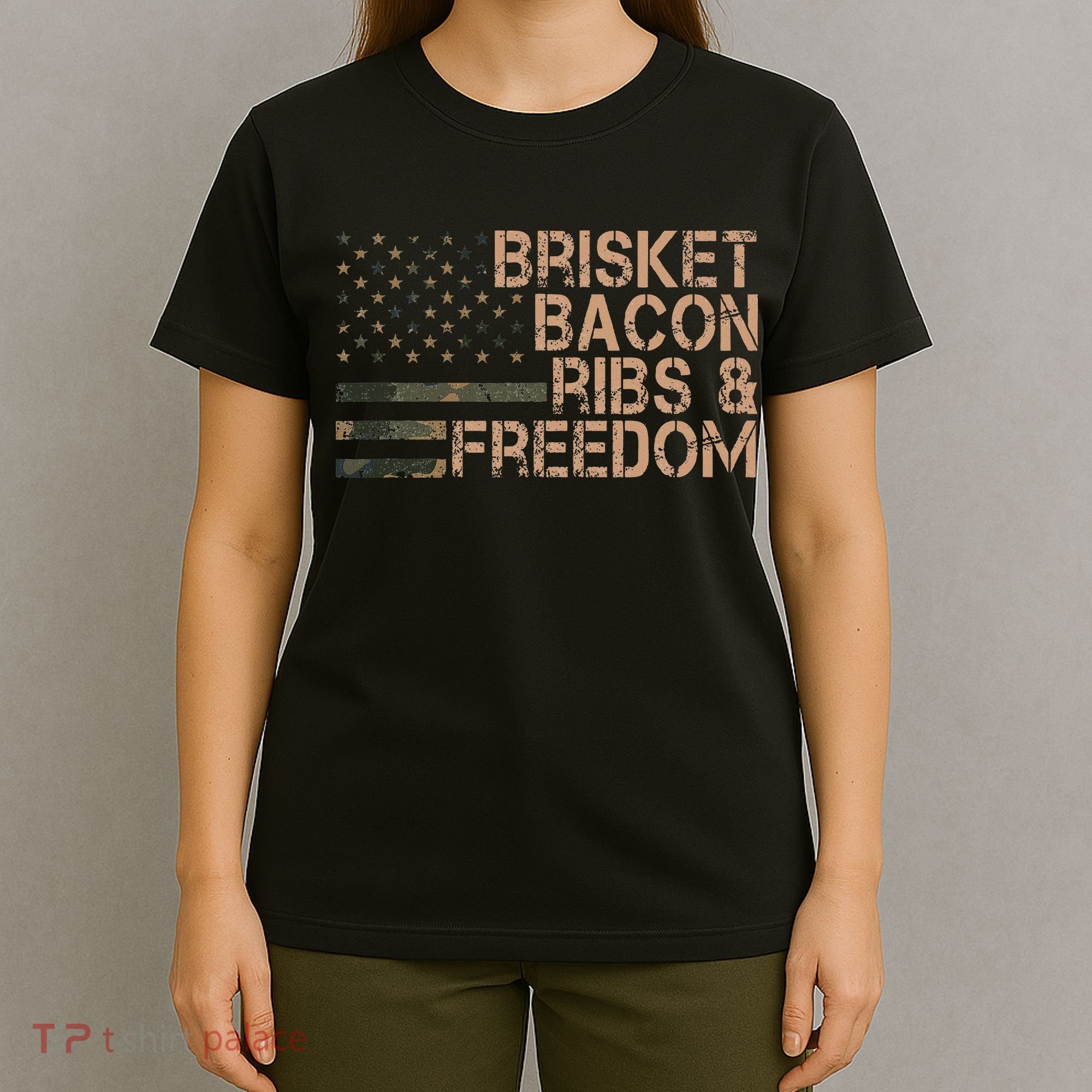 Brisket Bacon Ribs & Freedom Grill Bbq Funny Meat Smoking T-Shirt