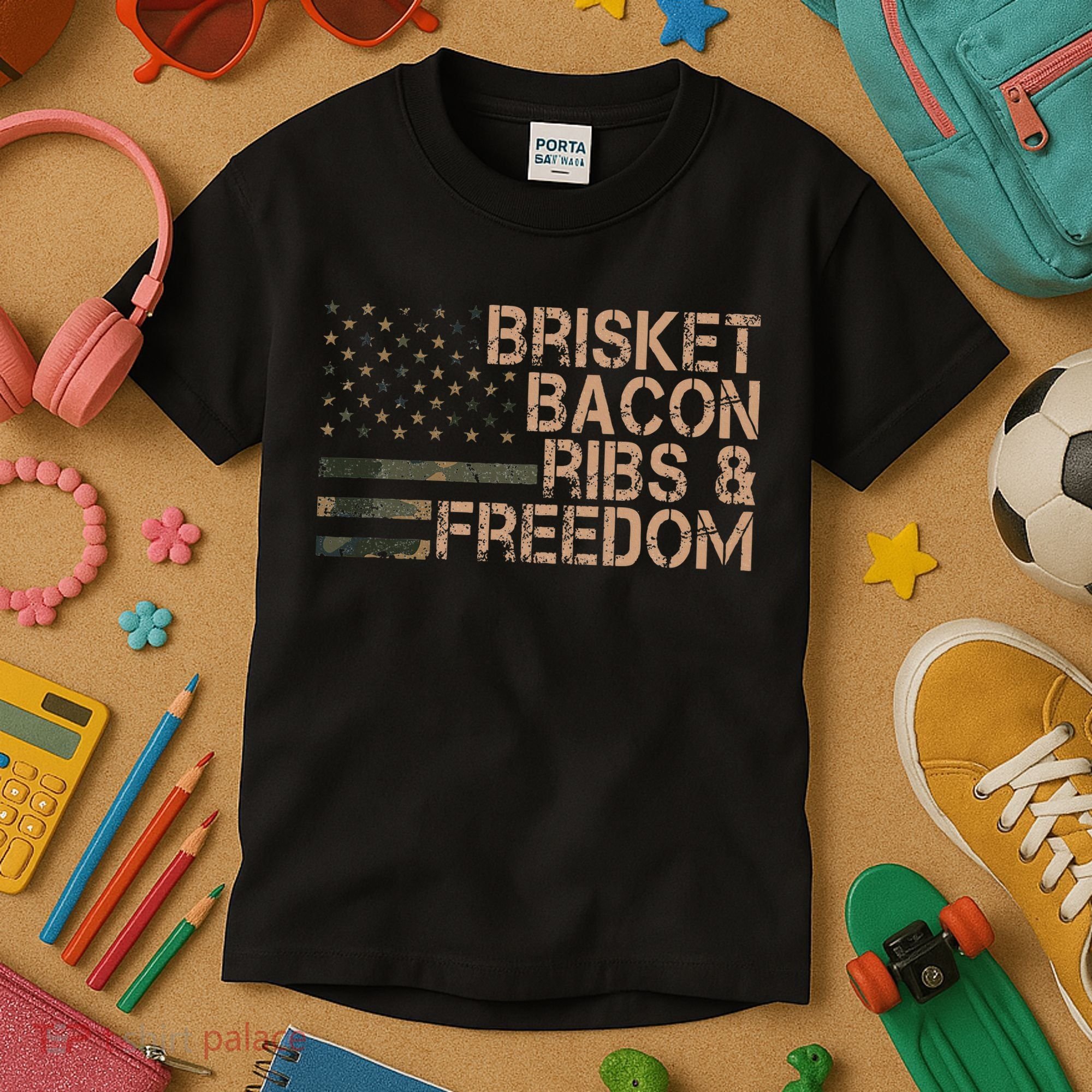 Brisket Bacon Ribs & Freedom Grill Bbq Funny Meat Smoking Kids T-Shirt