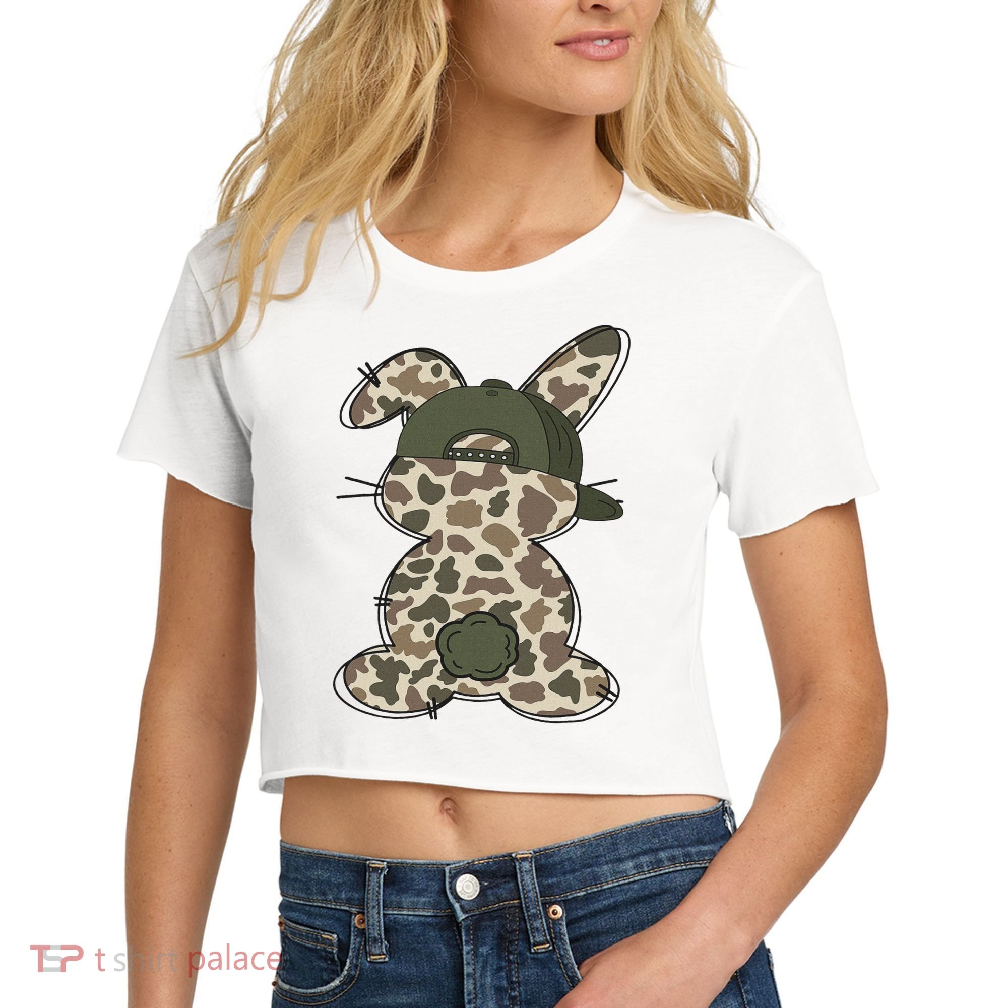 Boy Bunny Rabbit Duck Camo Camouflage Hat Ball Cap Easter Women's Crop Top Tee
