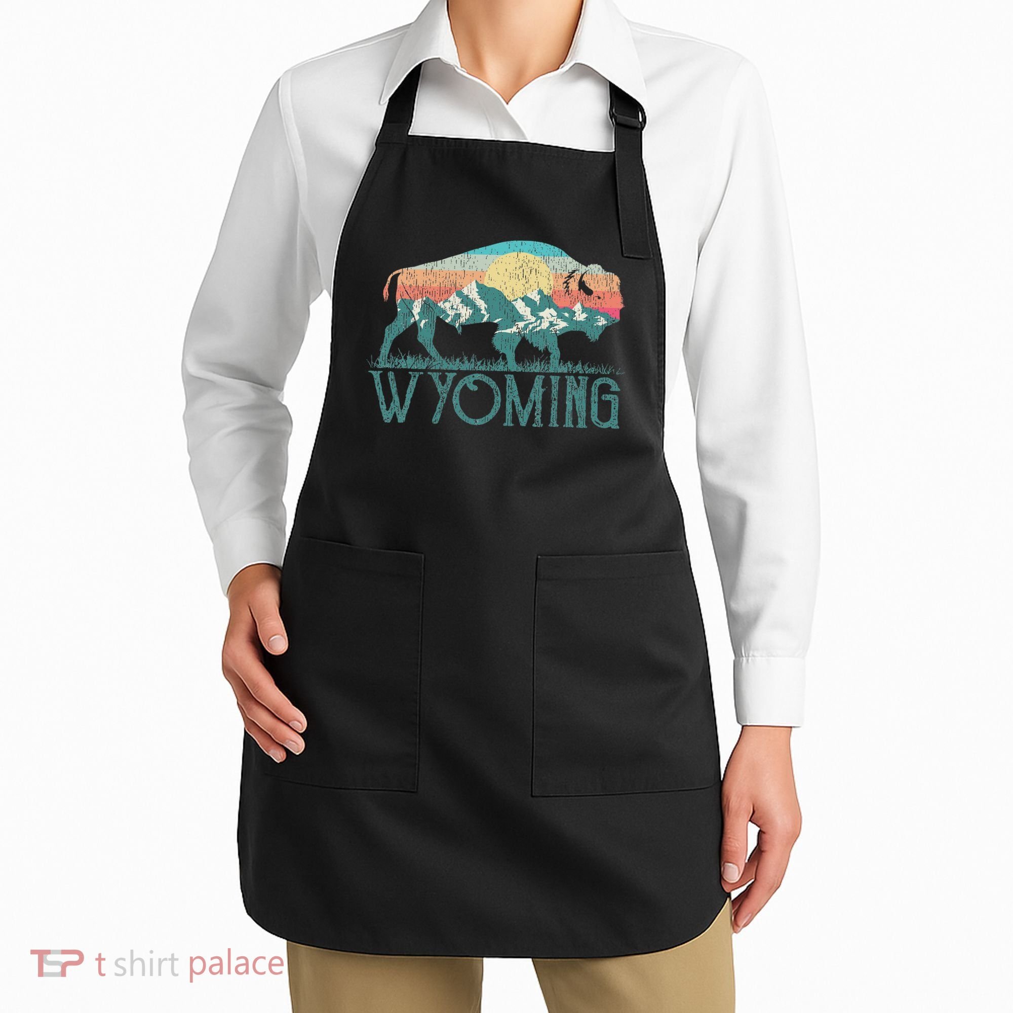 Bison Buffalo Retro Wyoming Wy Mountains Retro Apron