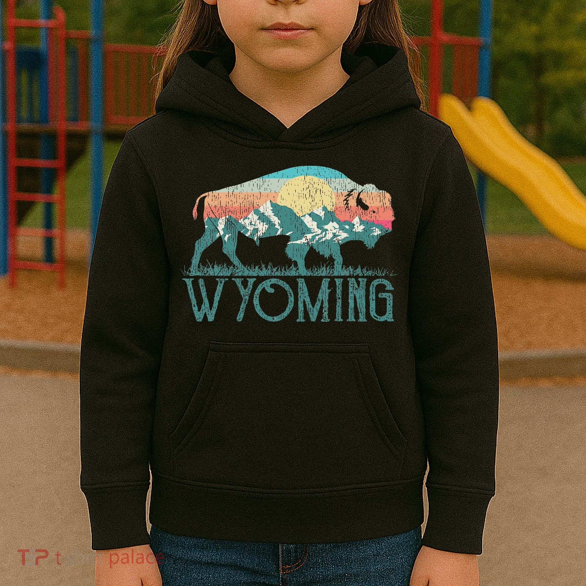 Bison Buffalo Retro Wyoming Wy Mountains Retro Kids Hoodie