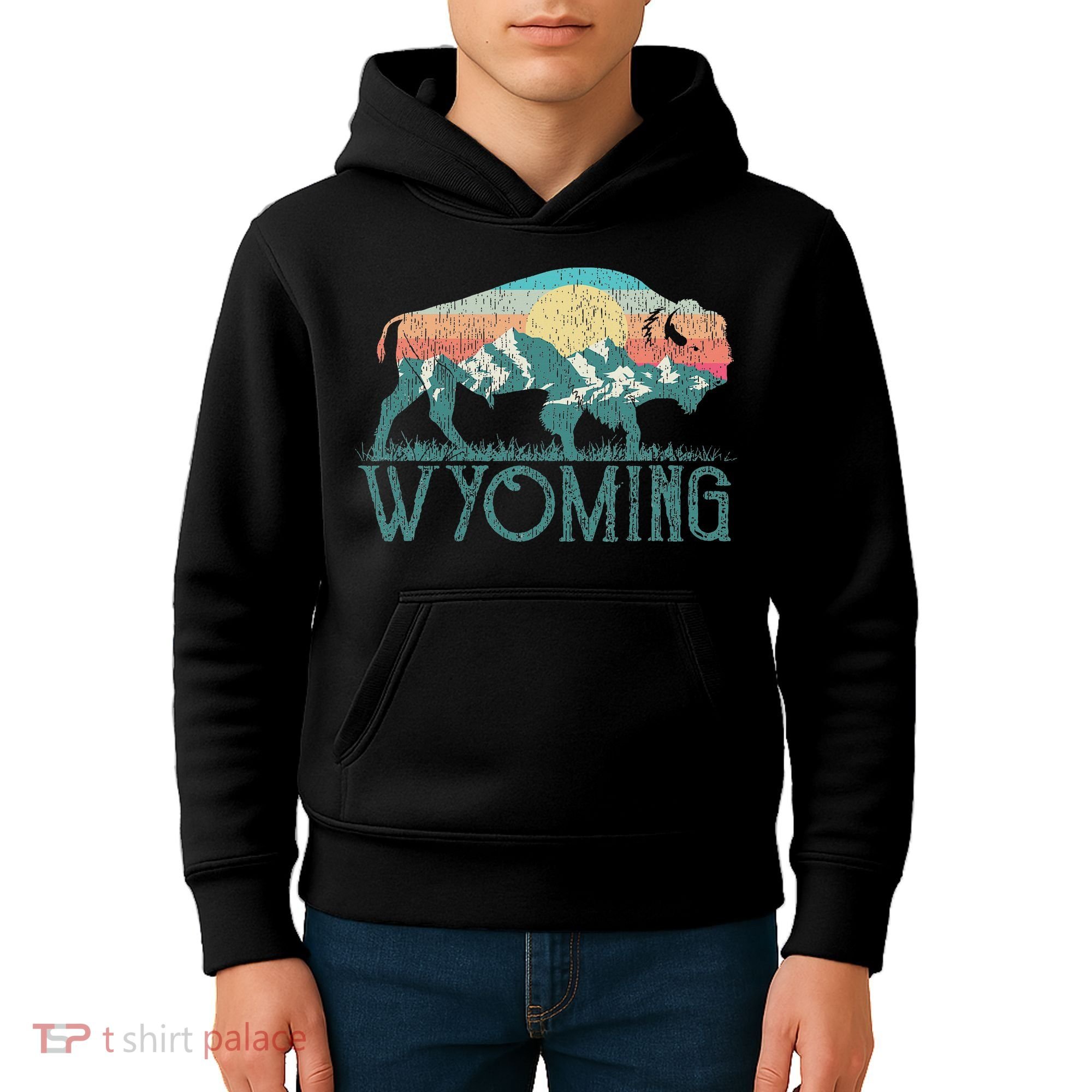 Bison Buffalo Retro Wyoming Wy Mountains Retro Kids Hoodie