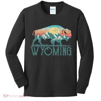 Bison Buffalo Retro Wyoming Wy Mountains Retro Kids Long Sleeve Shirt
