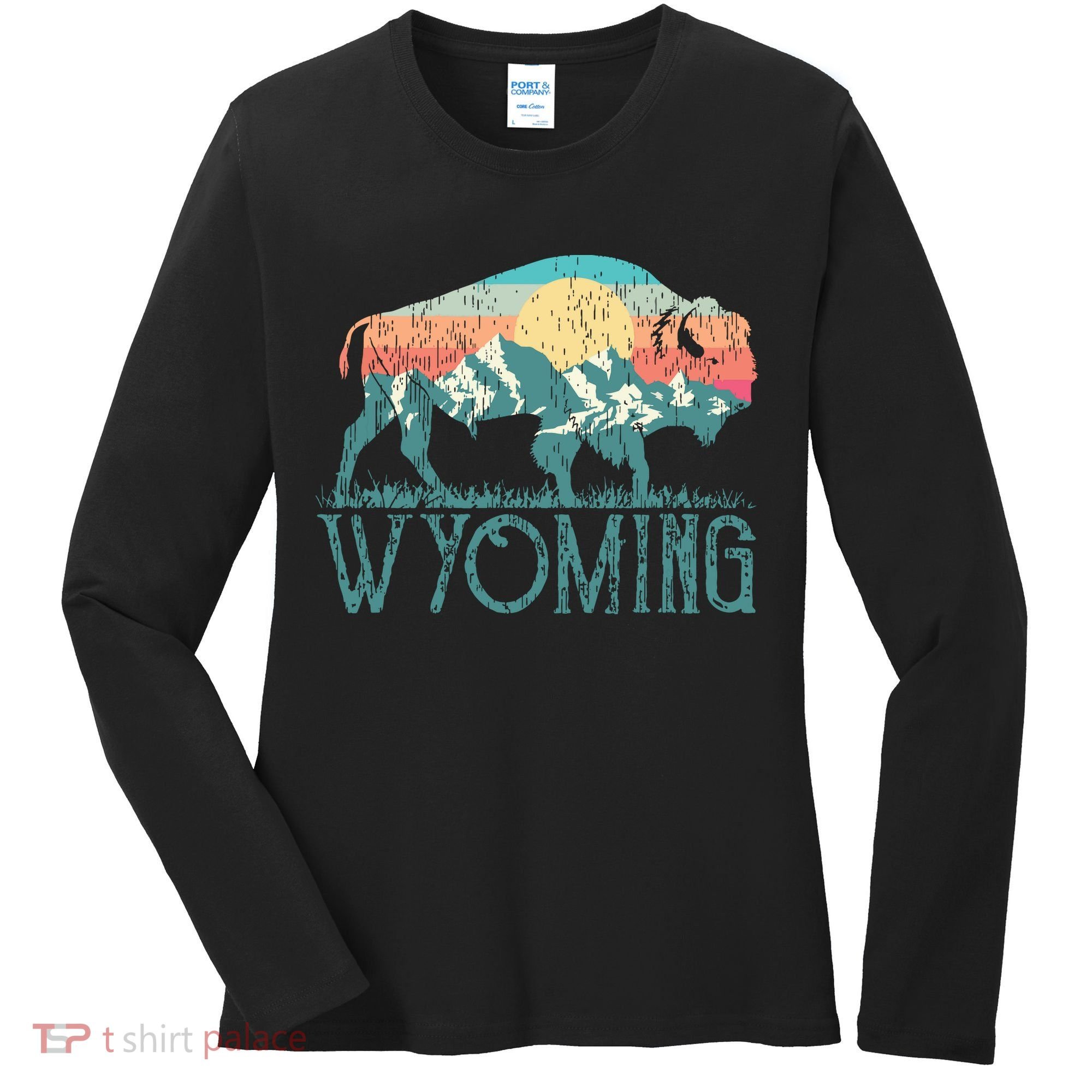 Bison Buffalo Retro Wyoming Wy Mountains Retro Women's Long Sleeve Shirt