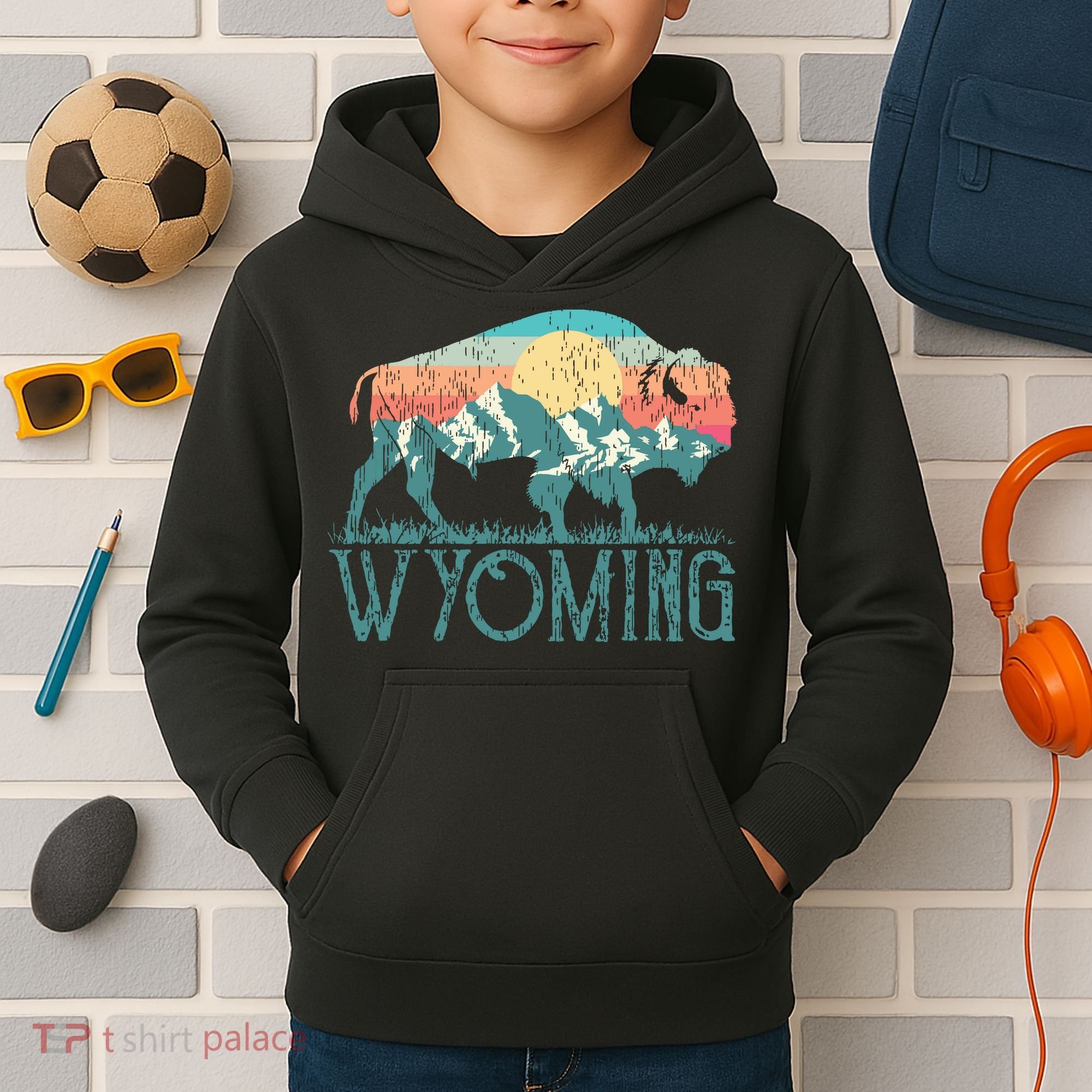 Bison Buffalo Retro Wyoming Wy Mountains Retro Kids Hoodie