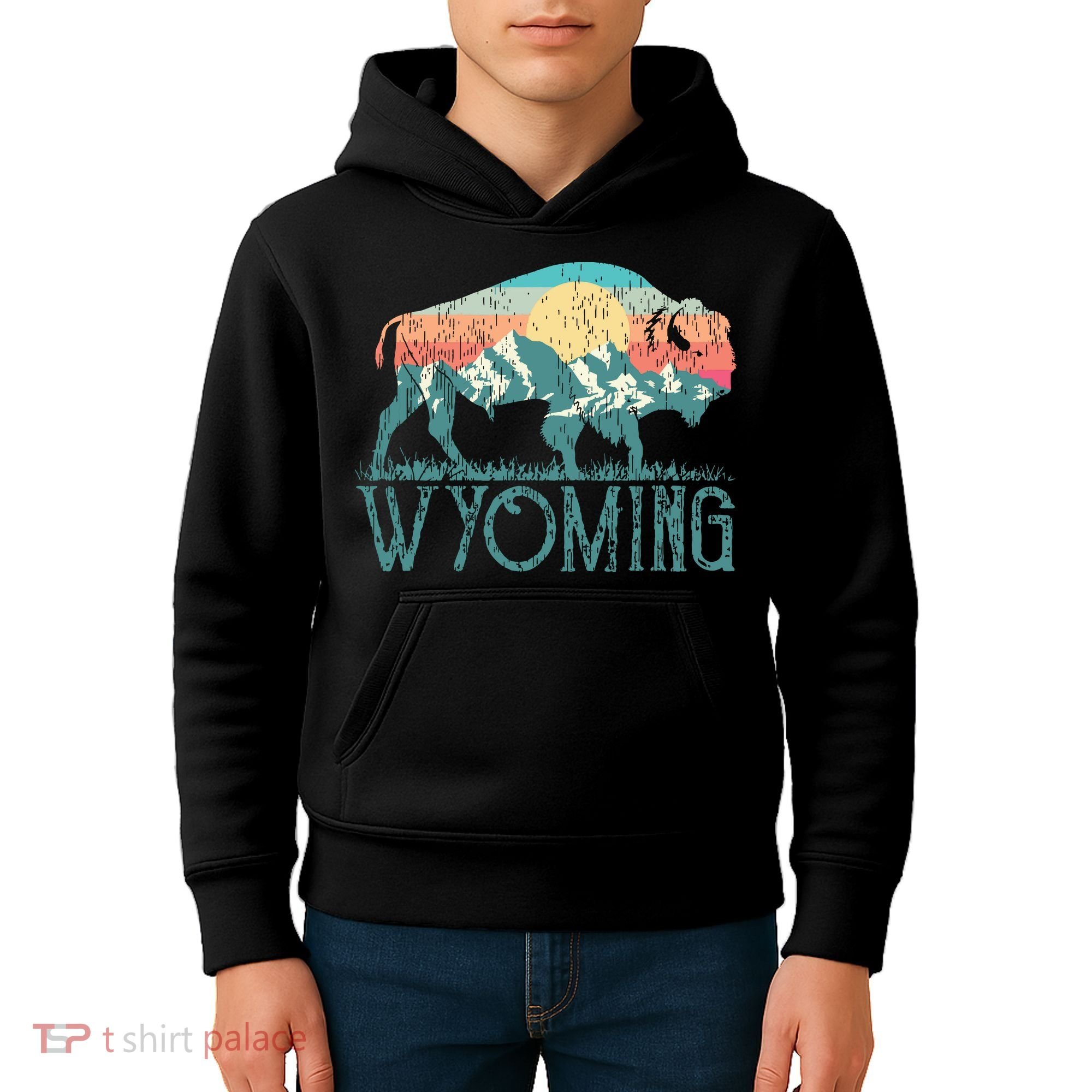 Bison Buffalo Retro Wyoming Wy Mountains Retro Kids Hoodie