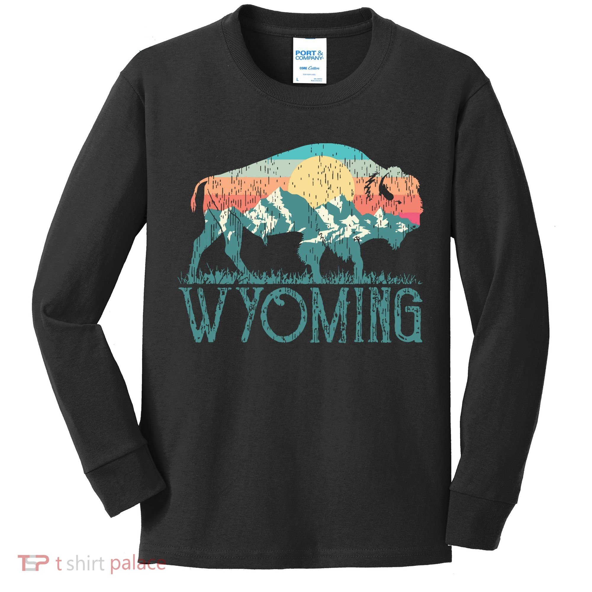 Bison Buffalo Retro Wyoming Wy Mountains Retro Kids Long Sleeve Shirt
