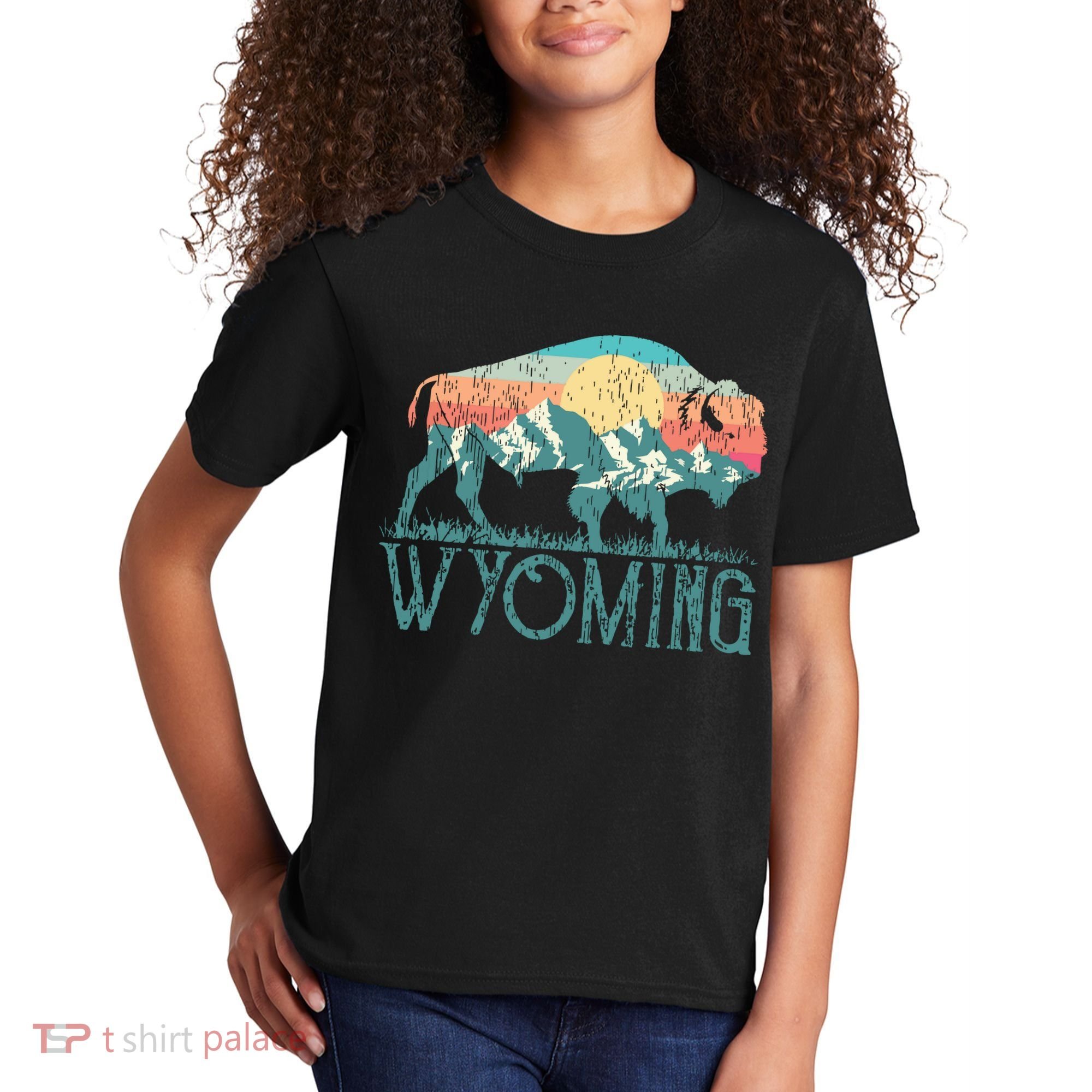 Bison Buffalo Retro Wyoming Wy Mountains Retro Kids T-Shirt