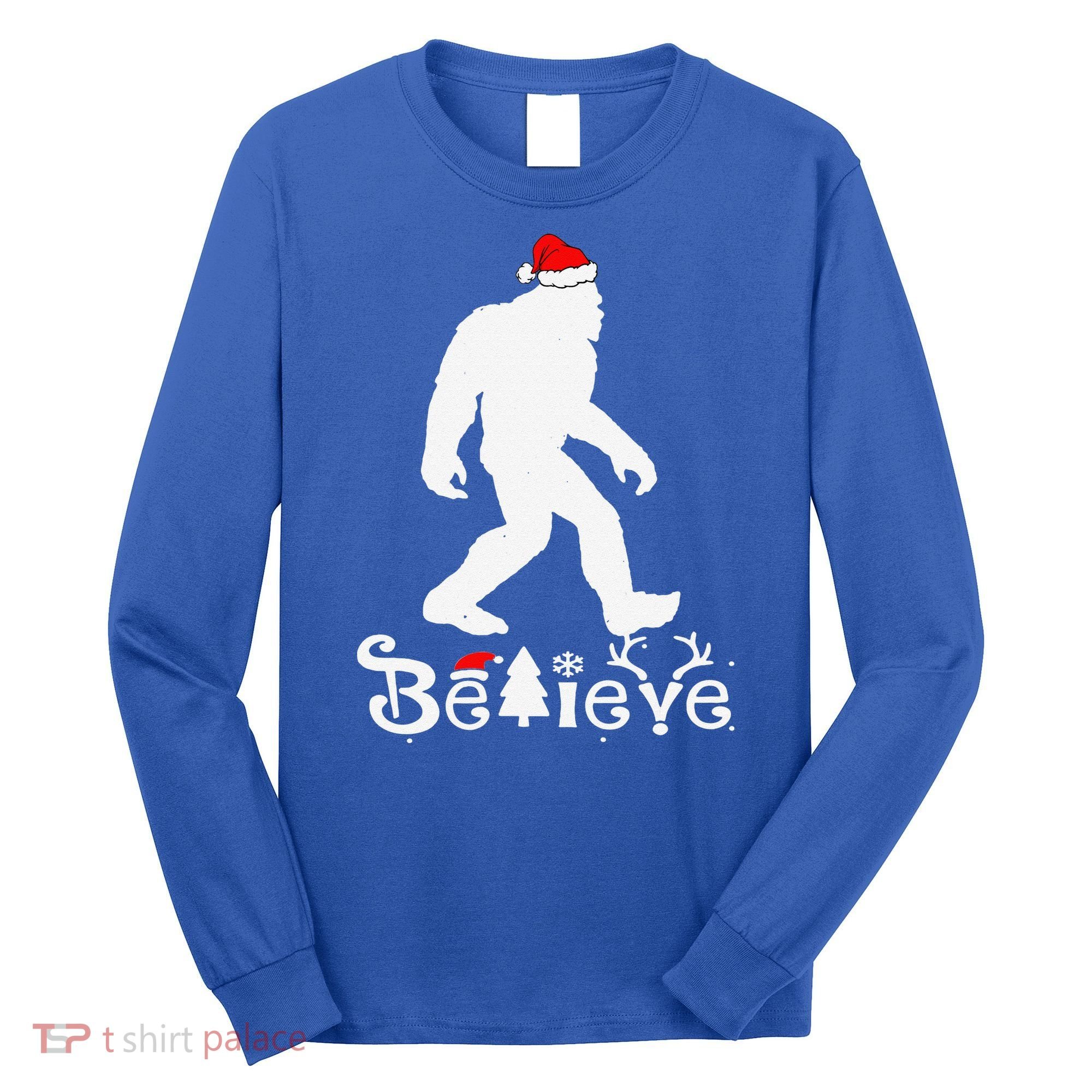 Bigfoot Believe Santa Hat Christmas Funny Xmas Holiday Long Sleeve Shirt