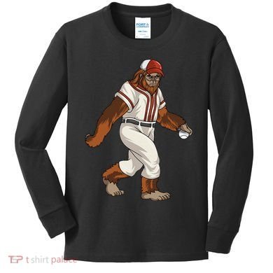 Bigfoot Baseball Sasquatch Playing Baseball Player Kids Long Sleeve Shirt