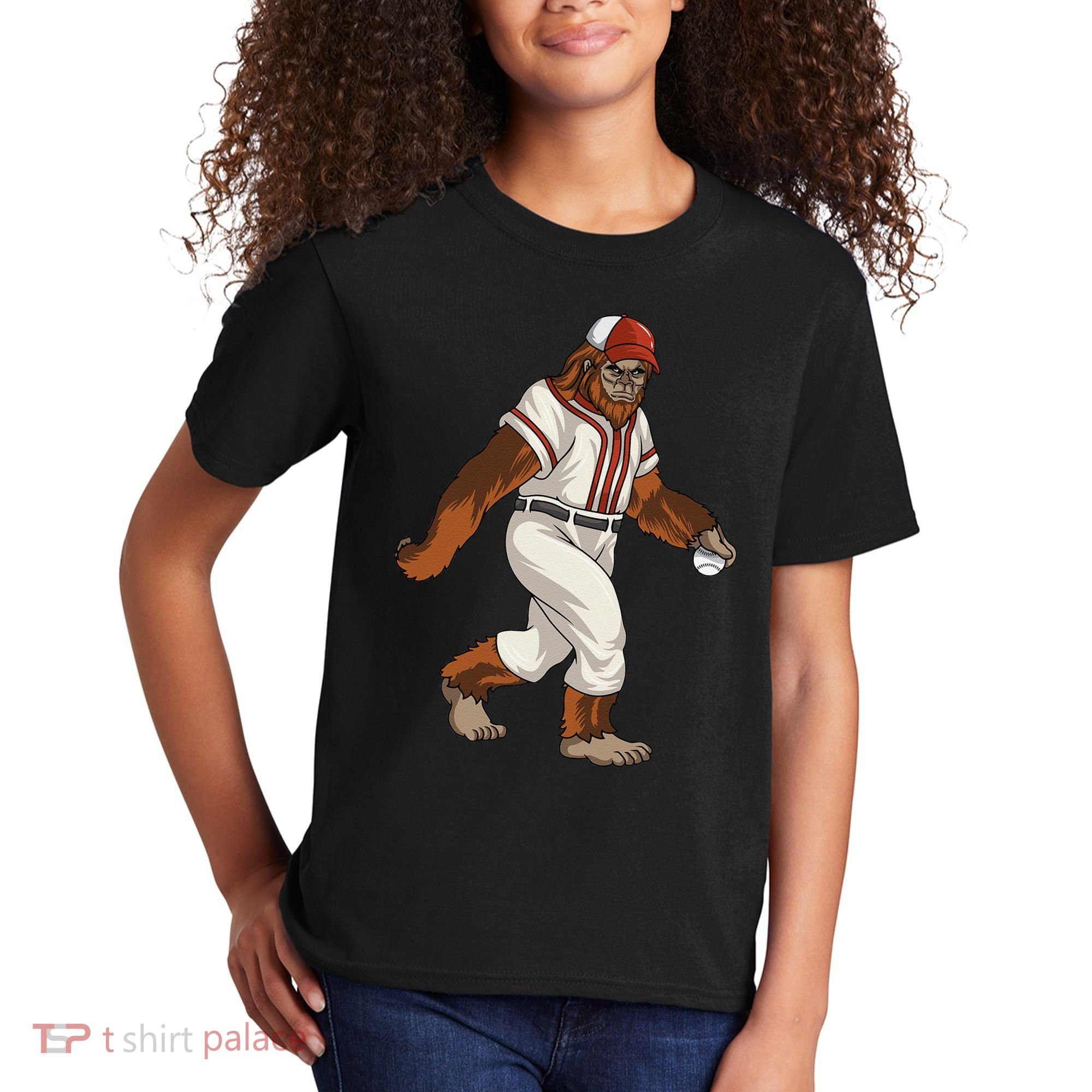 Bigfoot Baseball Sasquatch Playing Baseball Player Kids T-Shirt