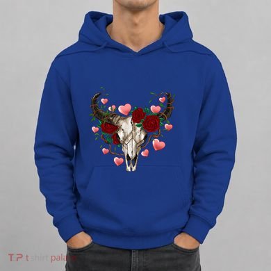 Boho Bull Skull Roses Heart Western Country Valentines Day Meaningful Gift Hoodie