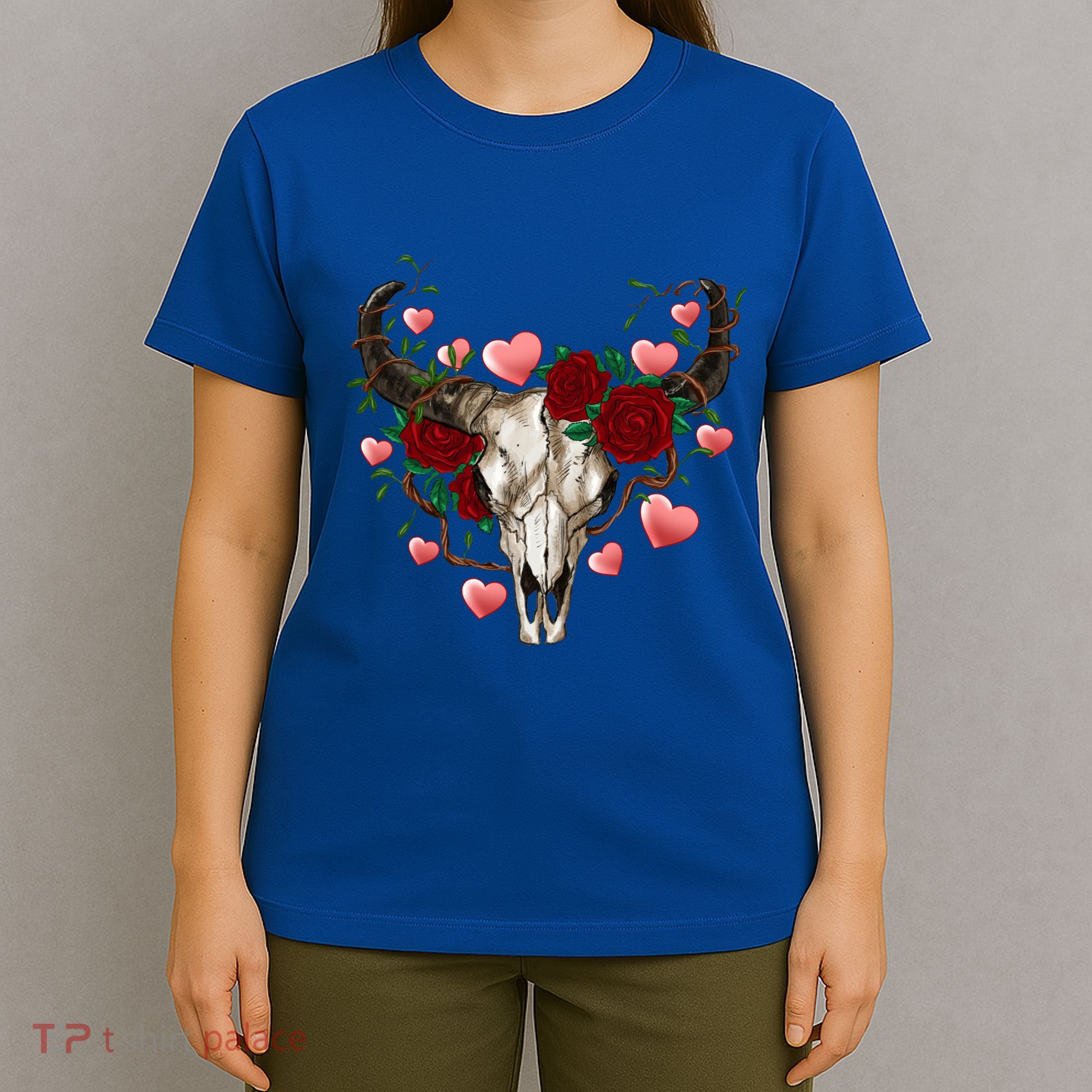 Boho Bull Skull Roses Heart Western Country Valentines Day Meaningful Gift T-Shirt
