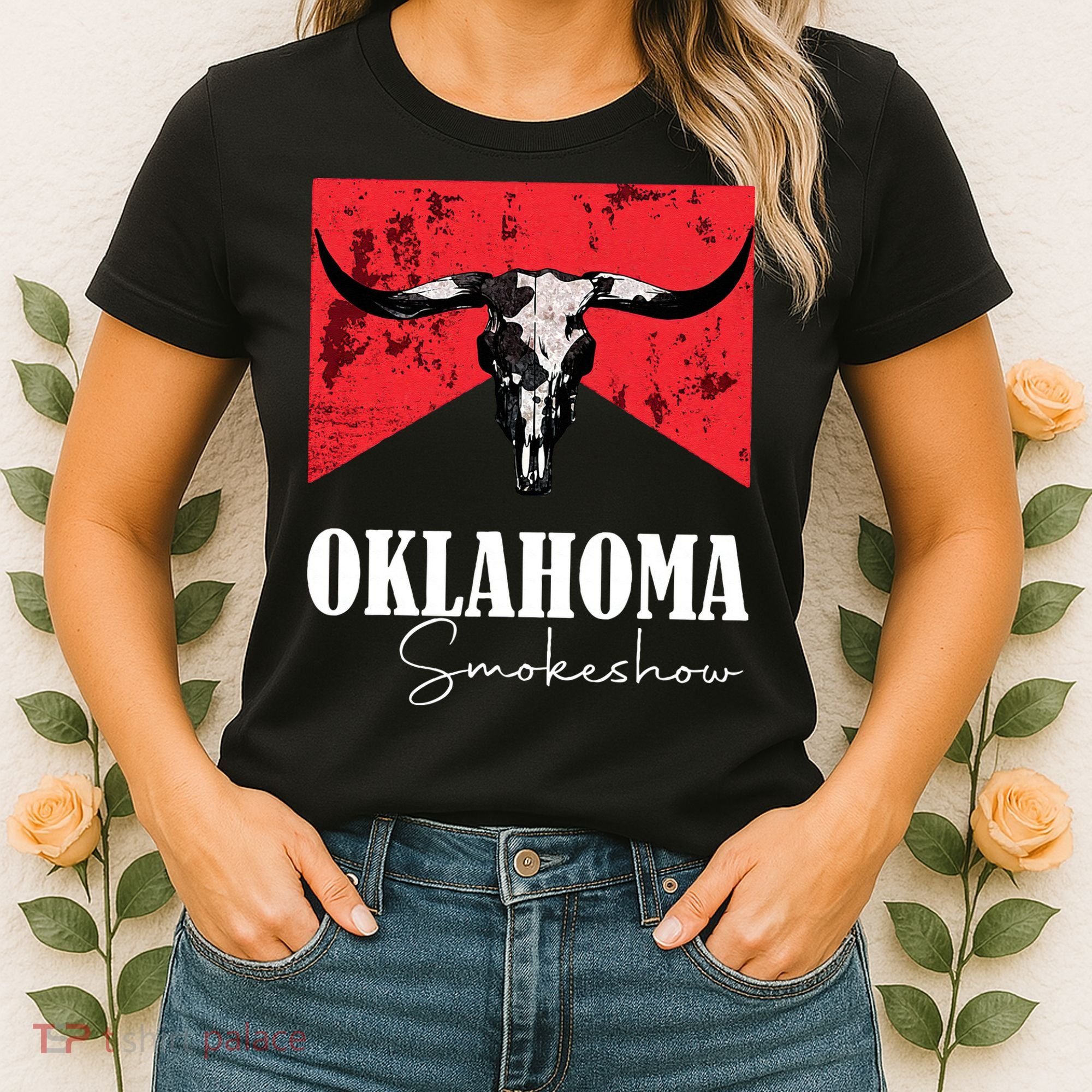 Boho Bull Skull Cow Oklahoma Smokeshow Western Country Women's T-Shirt