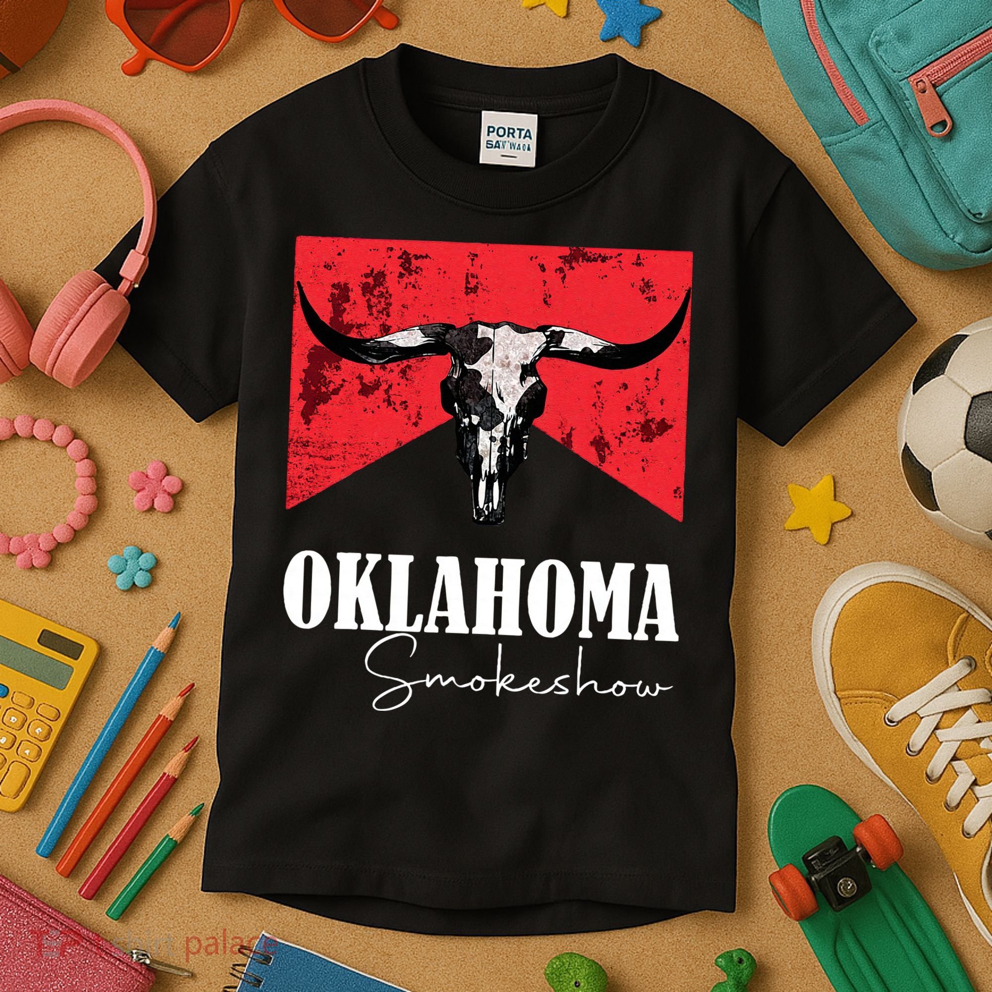 Boho Bull Skull Cow Oklahoma Smokeshow Western Country Kids T-Shirt