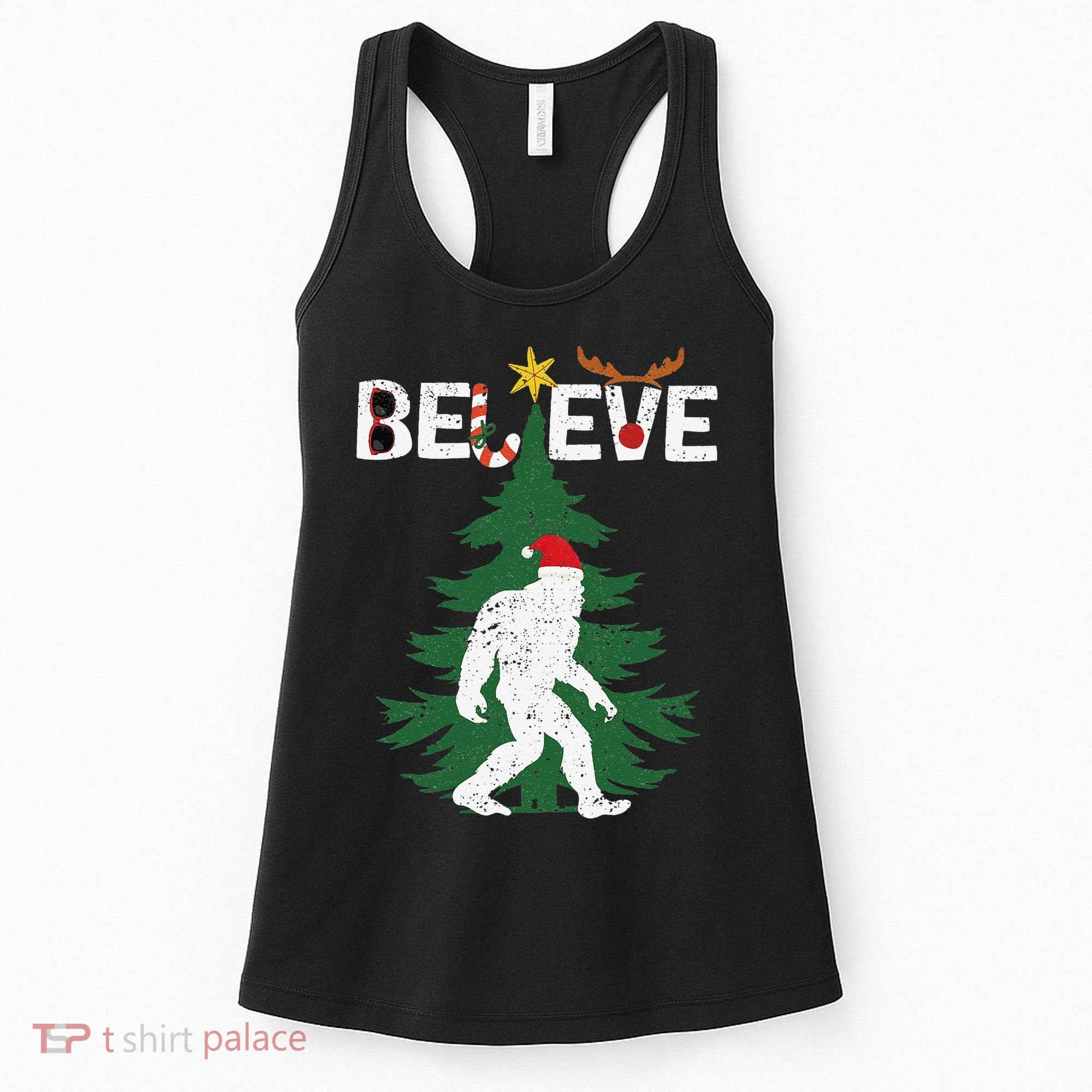 Believe Bigfoot Sasquatch Yeti Santa Hat Christmas Pajamas Women's Tank Top