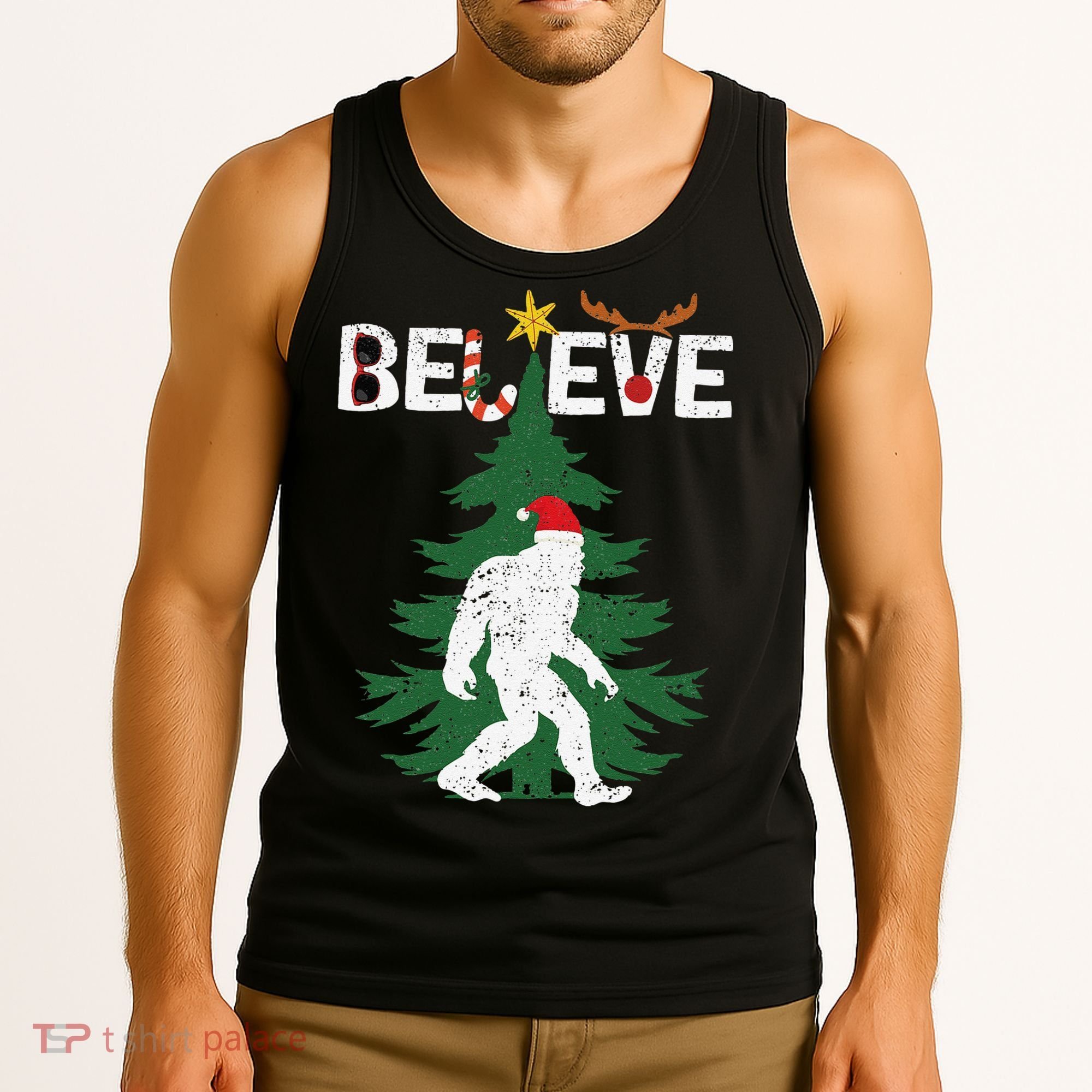 Believe Bigfoot Sasquatch Yeti Santa Hat Christmas Pajamas Tank Top