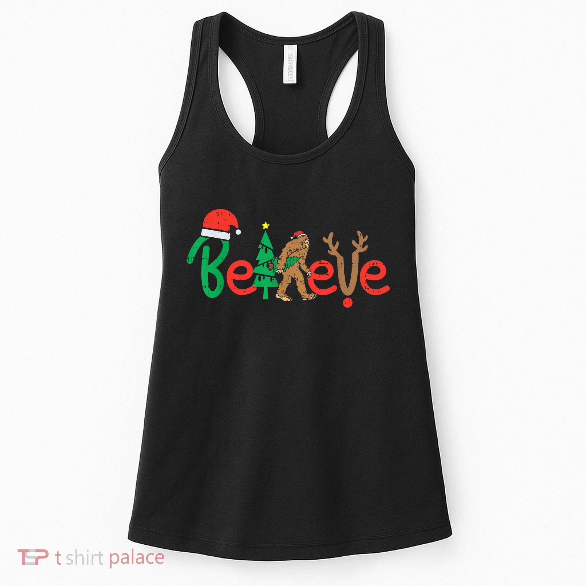 Believe Bigfoot Sasquatch Santa Reindeer Christmas Tree Women's Tank Top