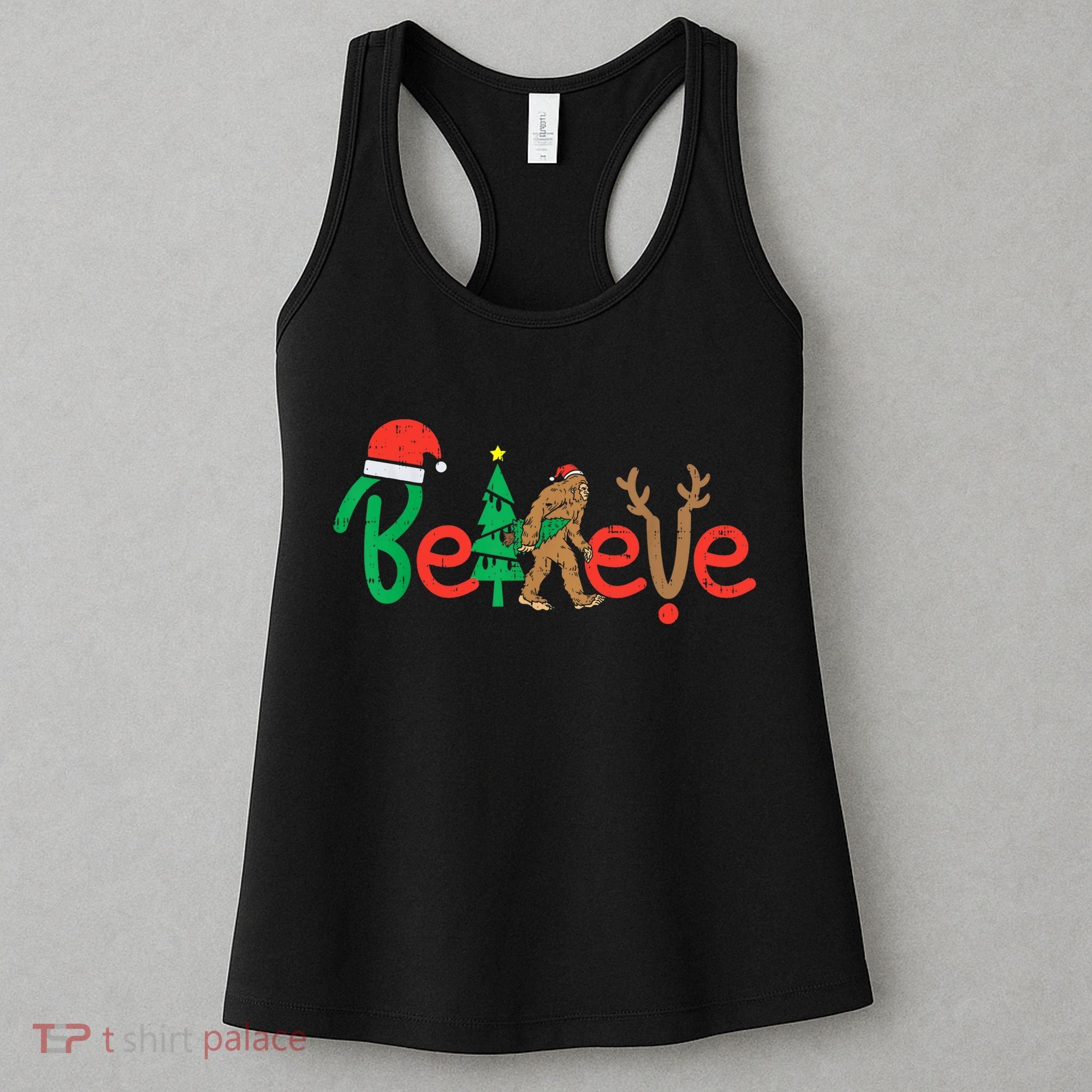 Believe Bigfoot Sasquatch Santa Reindeer Christmas Tree Women's Tank Top
