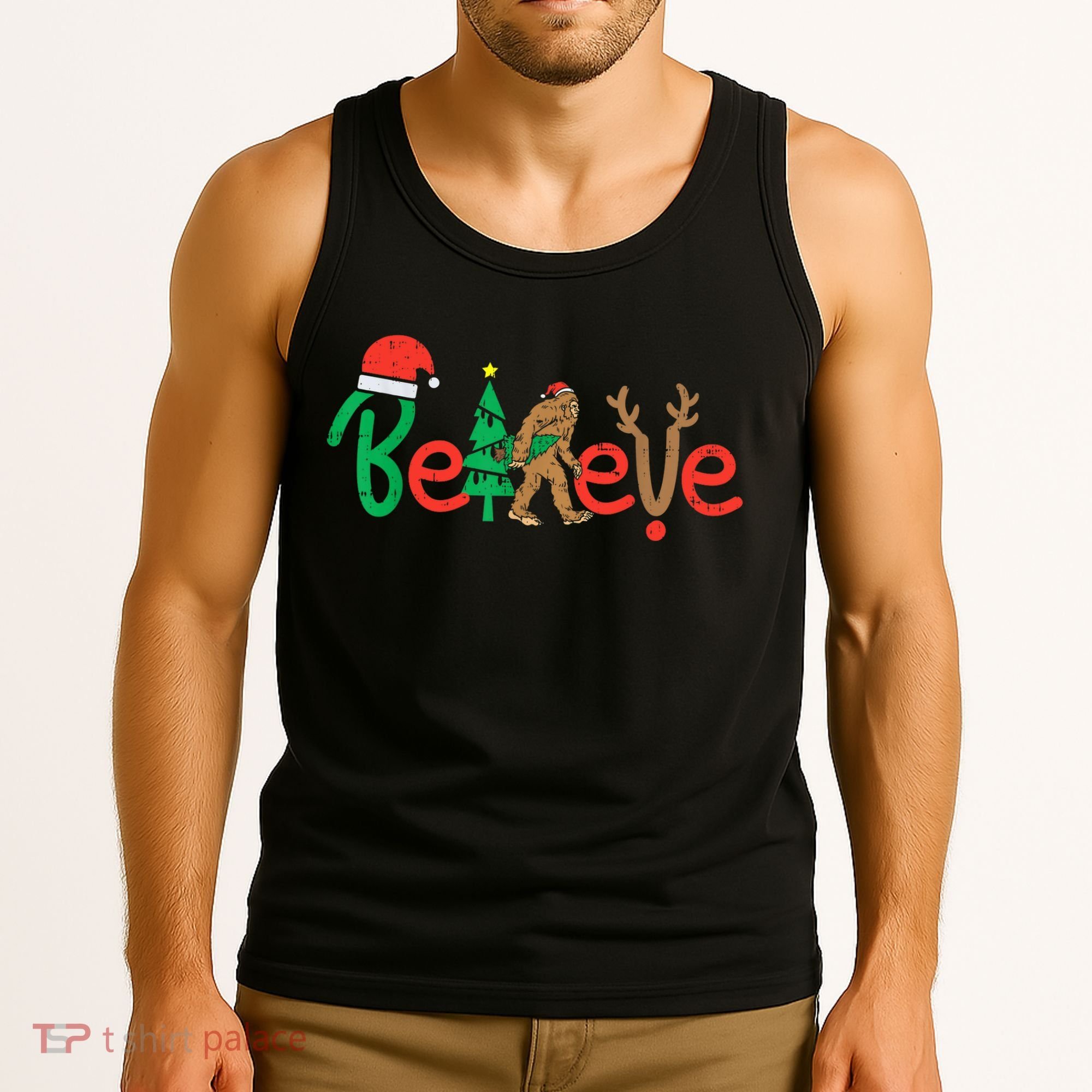 Believe Bigfoot Sasquatch Santa Reindeer Christmas Tree Tank Top