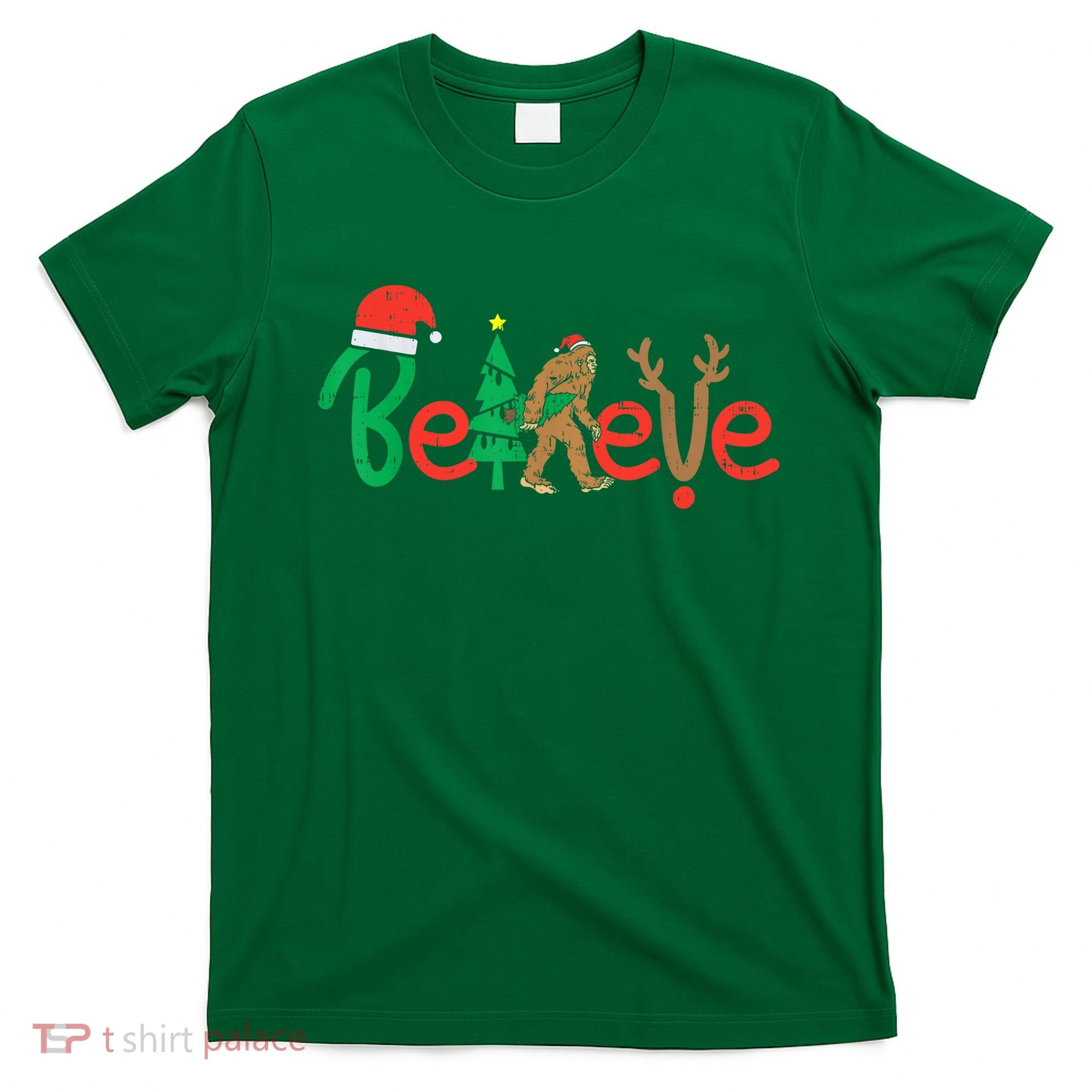 Believe Bigfoot Sasquatch Santa Reindeer Christmas Tree T-Shirt