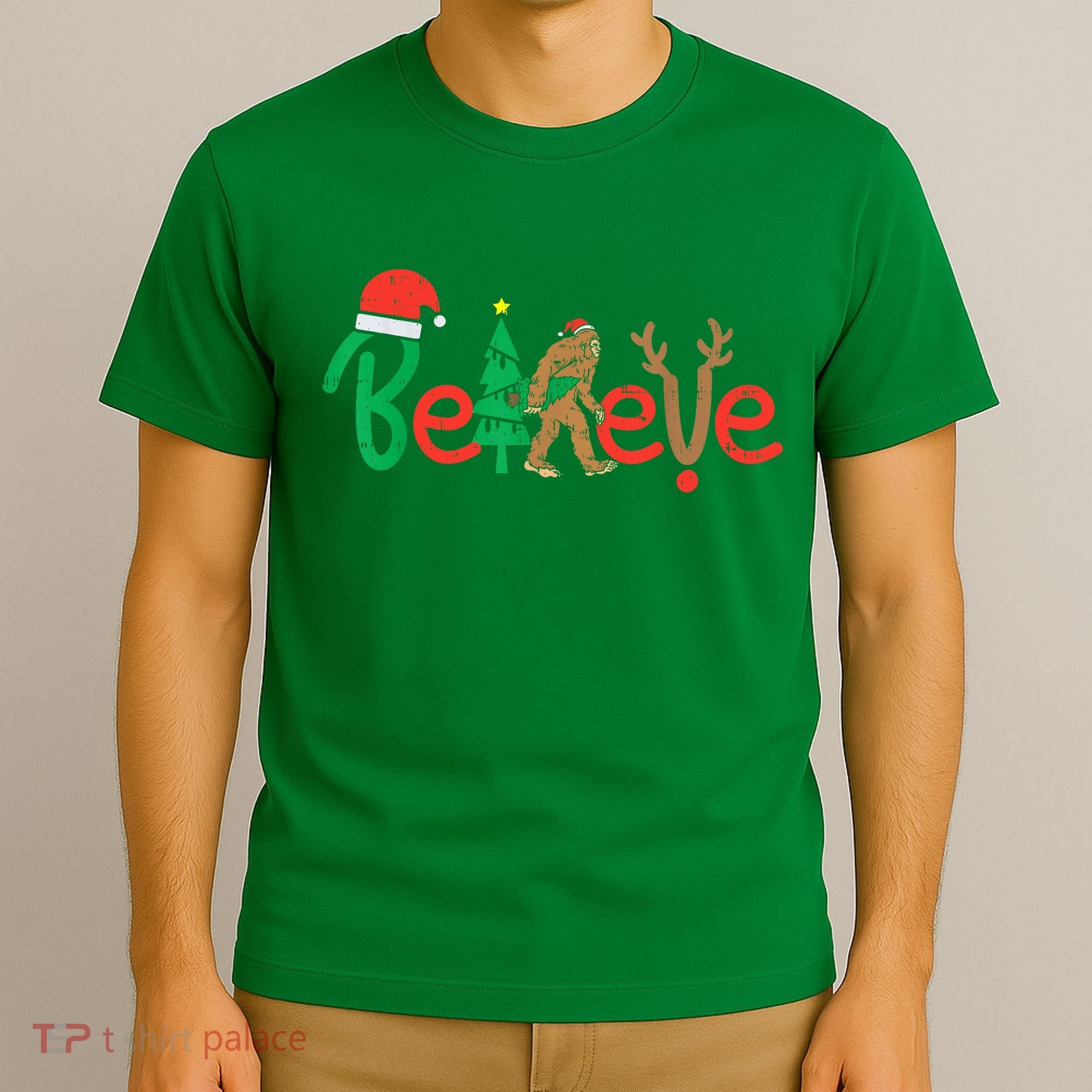 Believe Bigfoot Sasquatch Santa Reindeer Christmas Tree T-Shirt