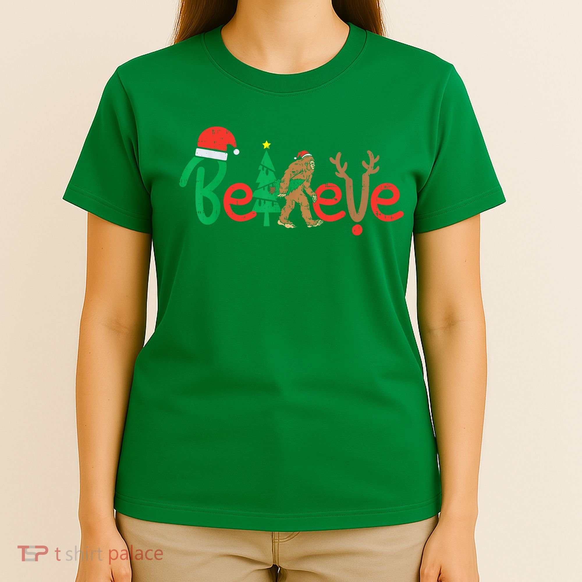 Believe Bigfoot Sasquatch Santa Reindeer Christmas Tree T-Shirt