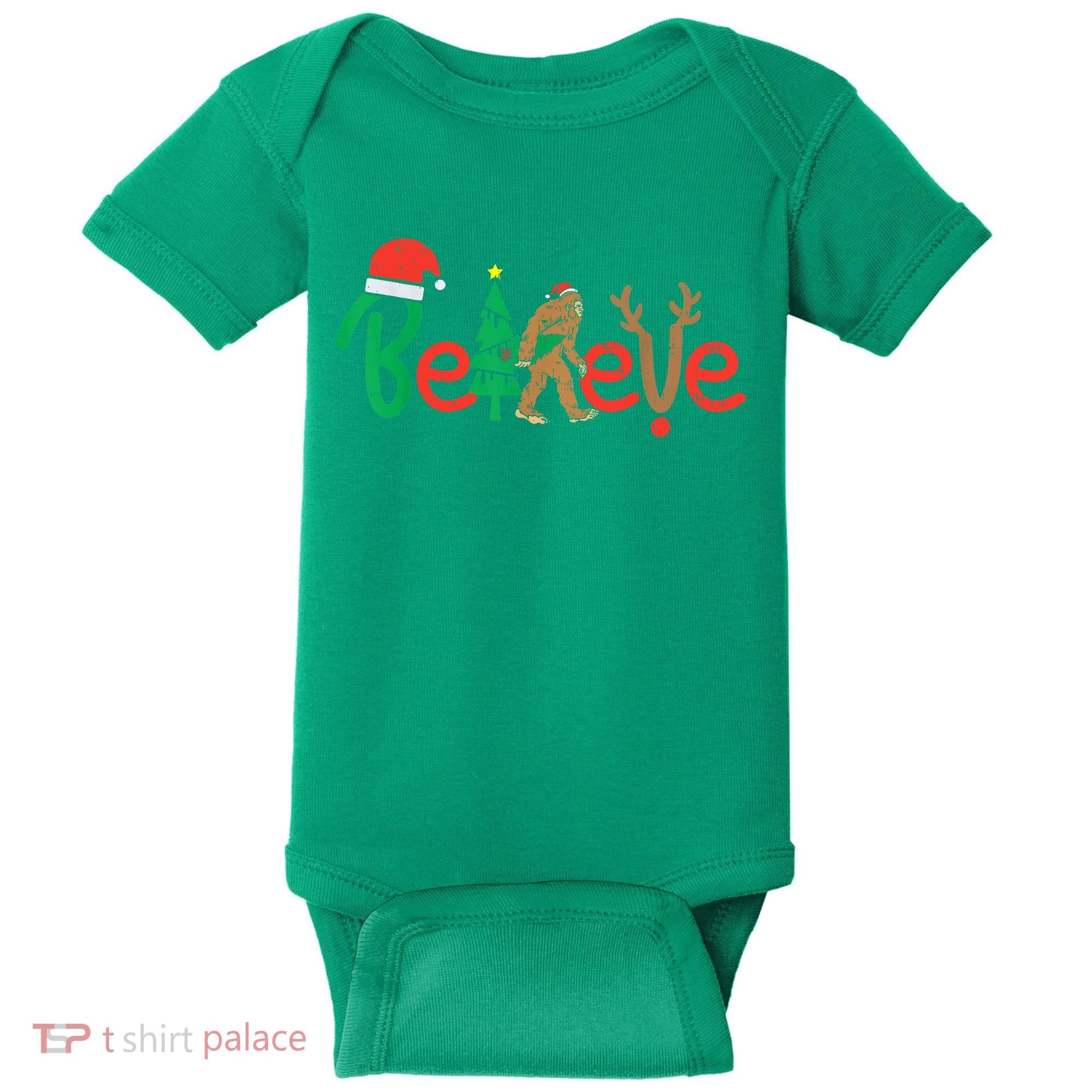 Believe Bigfoot Sasquatch Santa Reindeer Christmas Tree Baby Bodysuit