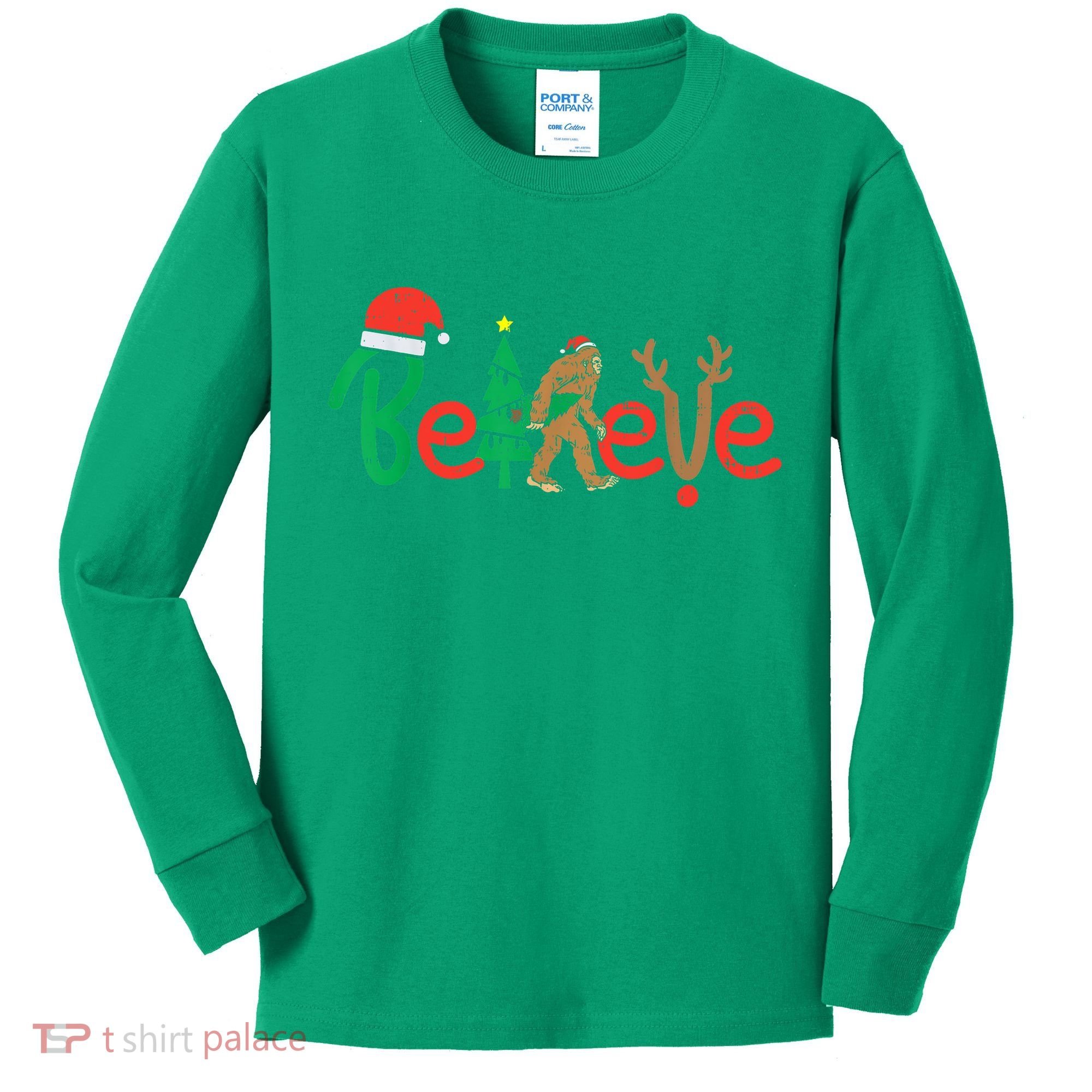 Believe Bigfoot Sasquatch Santa Reindeer Christmas Tree Kids Long Sleeve Shirt