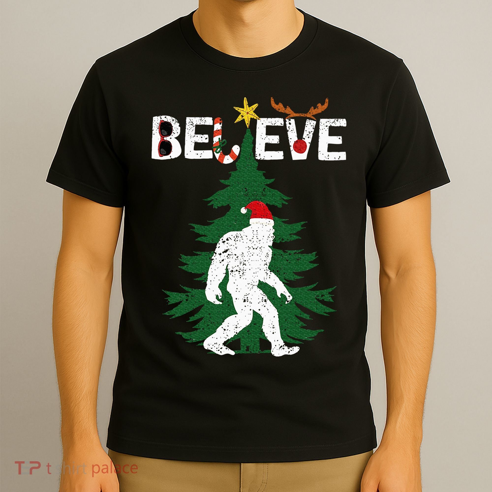 Believe Bigfoot Sasquatch Yeti Santa Hat Christmas Pajamas T-Shirt