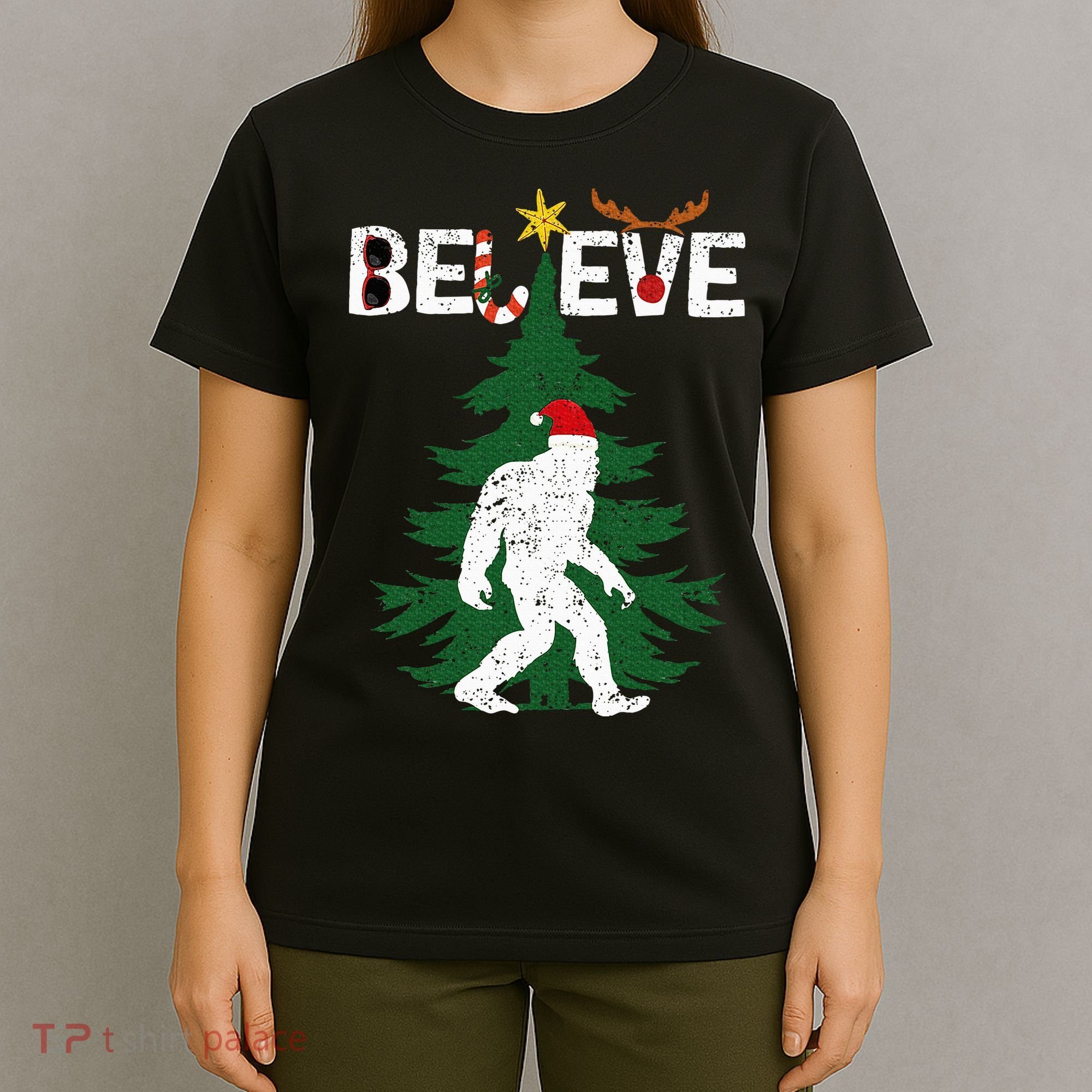Believe Bigfoot Sasquatch Yeti Santa Hat Christmas Pajamas T-Shirt
