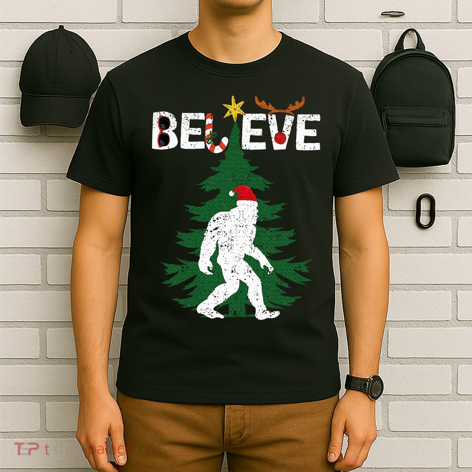 Believe Bigfoot Sasquatch Yeti Santa Hat Christmas Pajamas T-Shirt