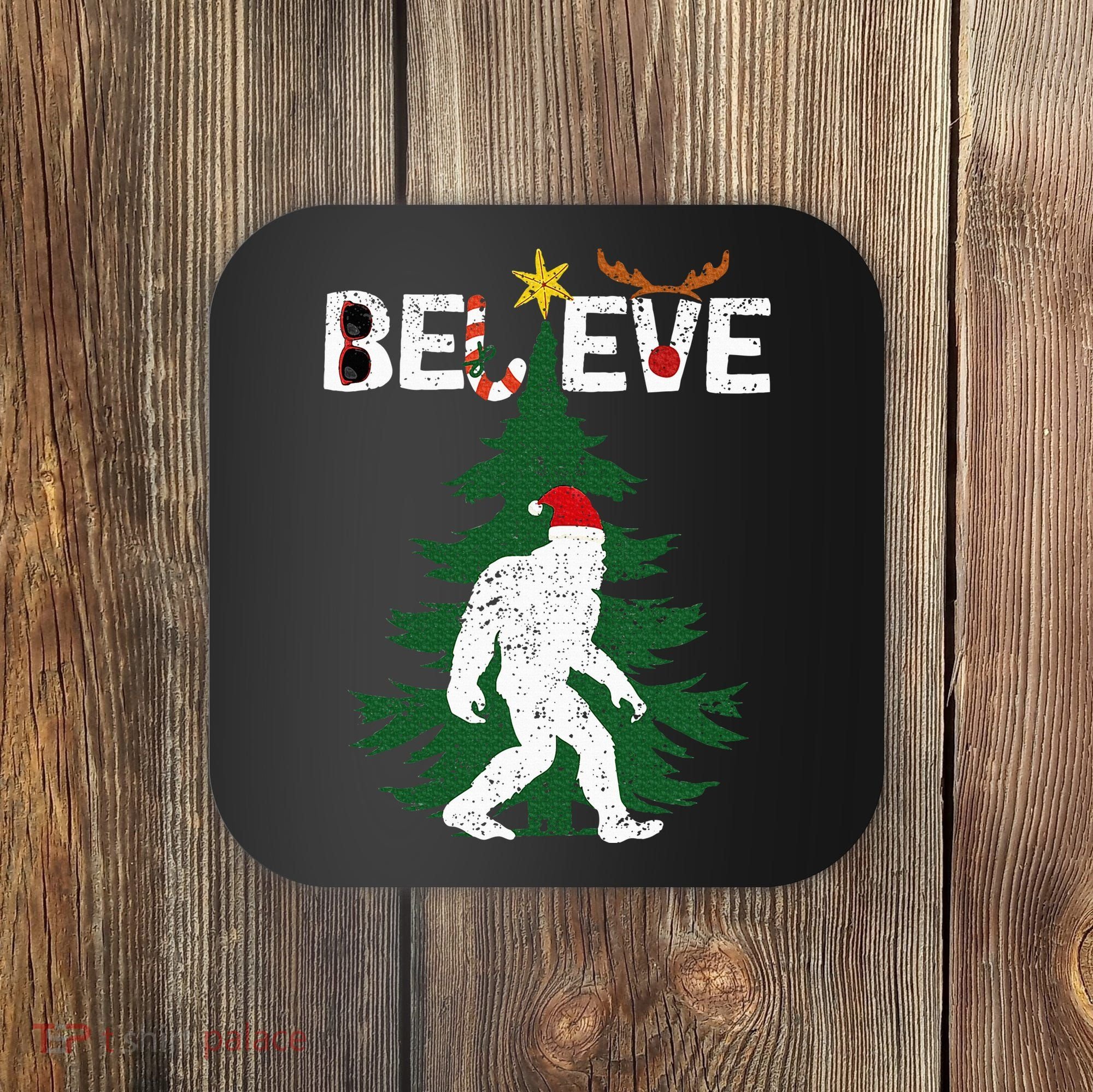 Believe Bigfoot Sasquatch Yeti Santa Hat Christmas Pajamas Coaster