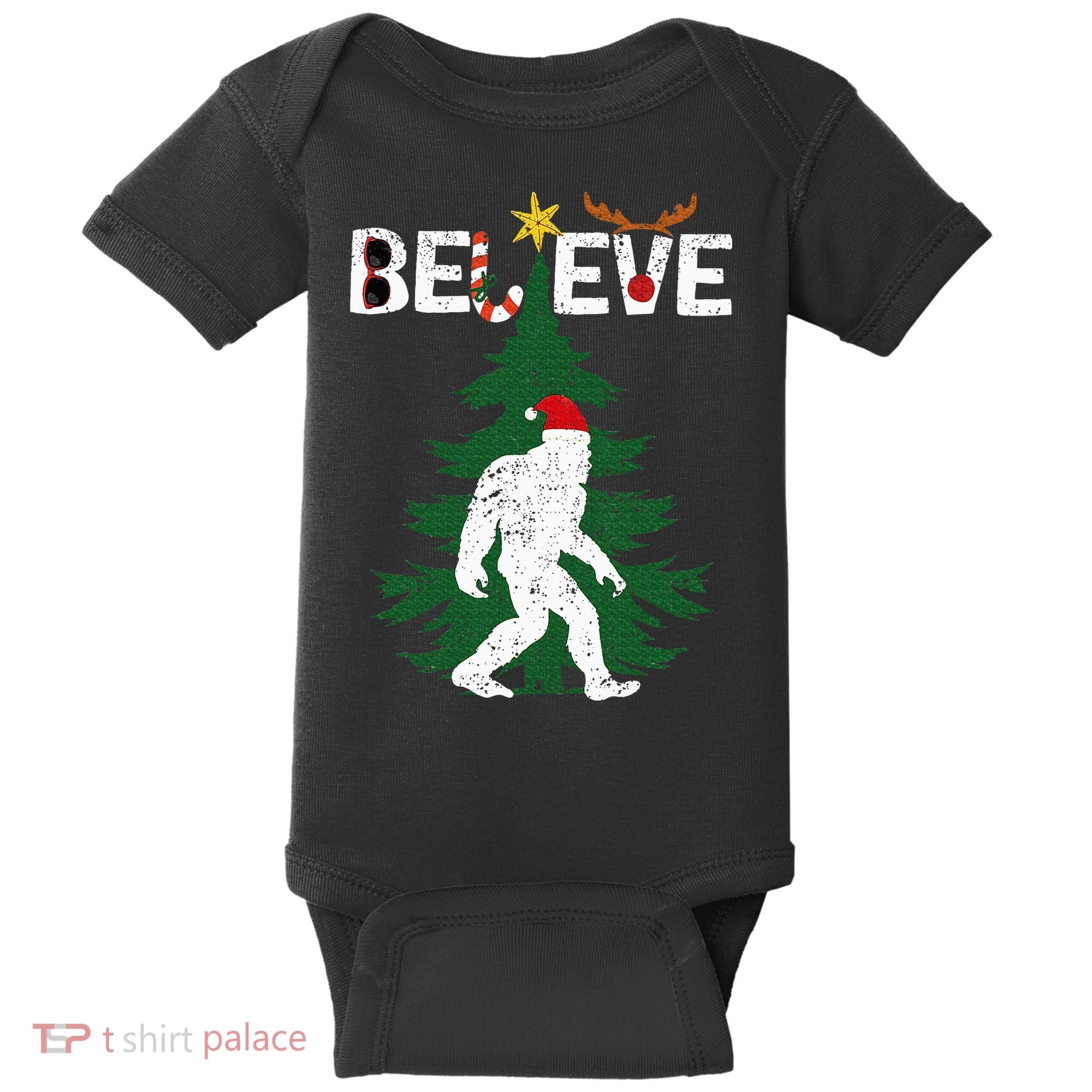 Believe Bigfoot Sasquatch Yeti Santa Hat Christmas Pajamas Baby Bodysuit
