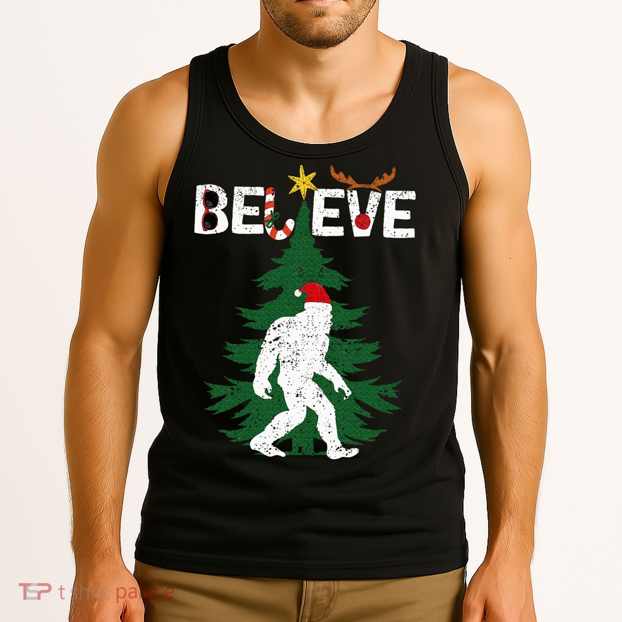 Believe Bigfoot Sasquatch Yeti Santa Hat Christmas Pajamas Tank Top
