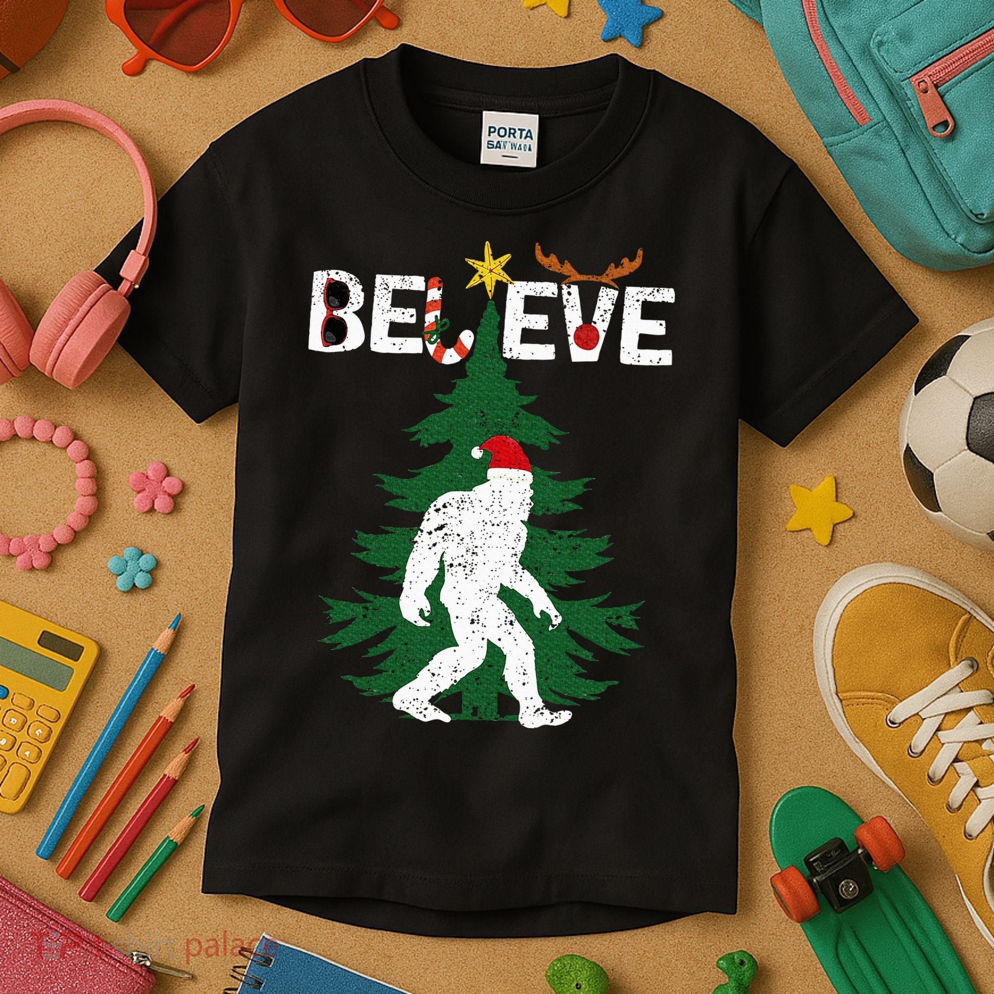 Believe Bigfoot Sasquatch Yeti Santa Hat Christmas Pajamas Kids T-Shirt