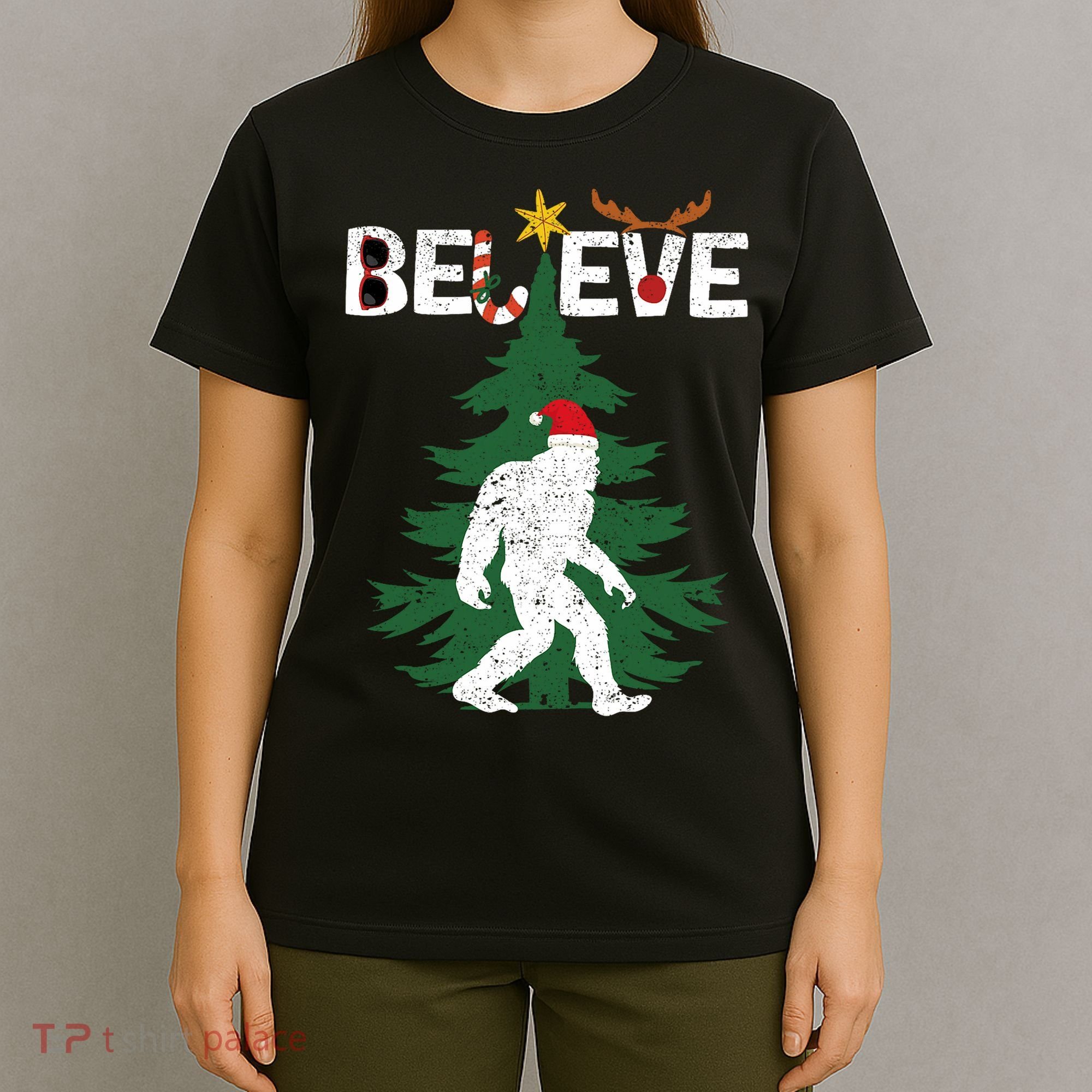 Believe Bigfoot Sasquatch Yeti Santa Hat Christmas Pajamas T-Shirt
